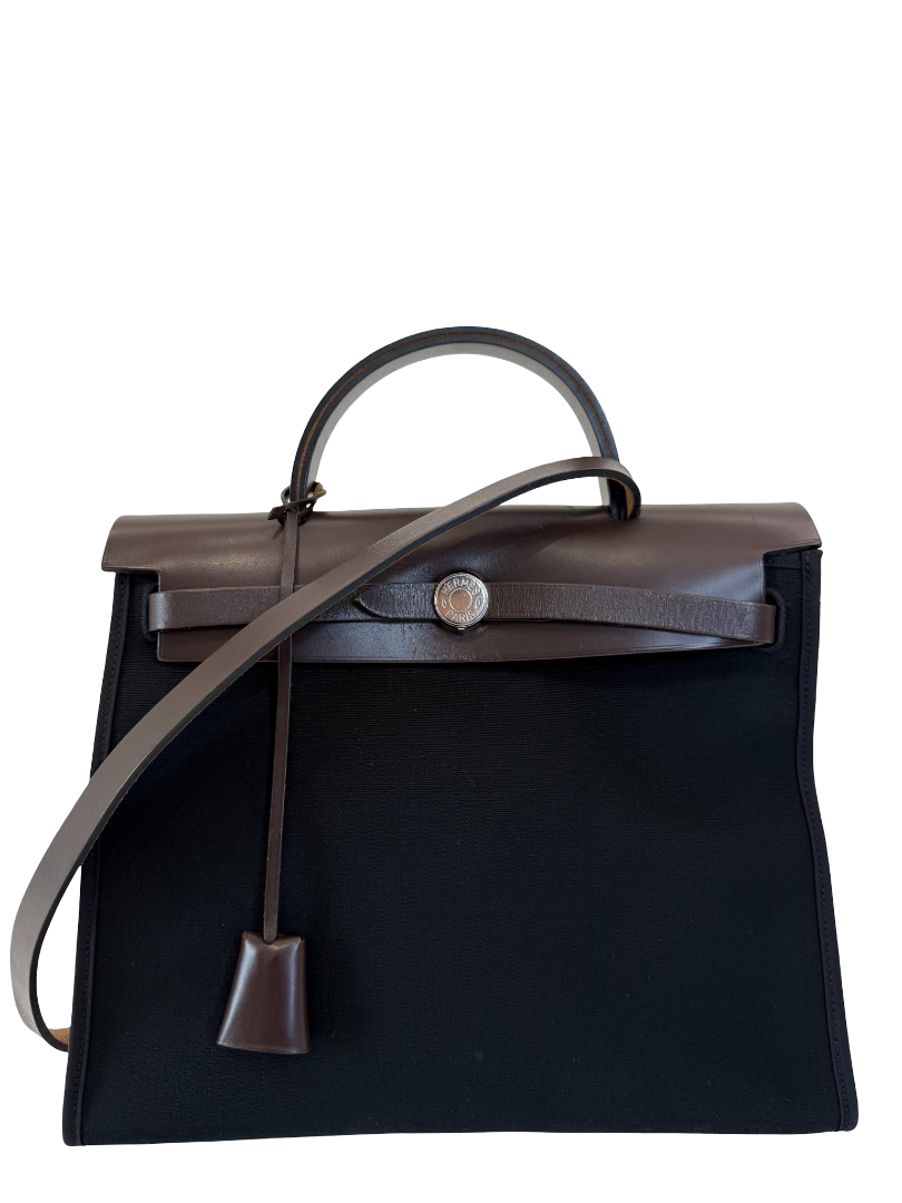 Hermès Herbag Zip 31 Black Canvas Brown Leather Trim