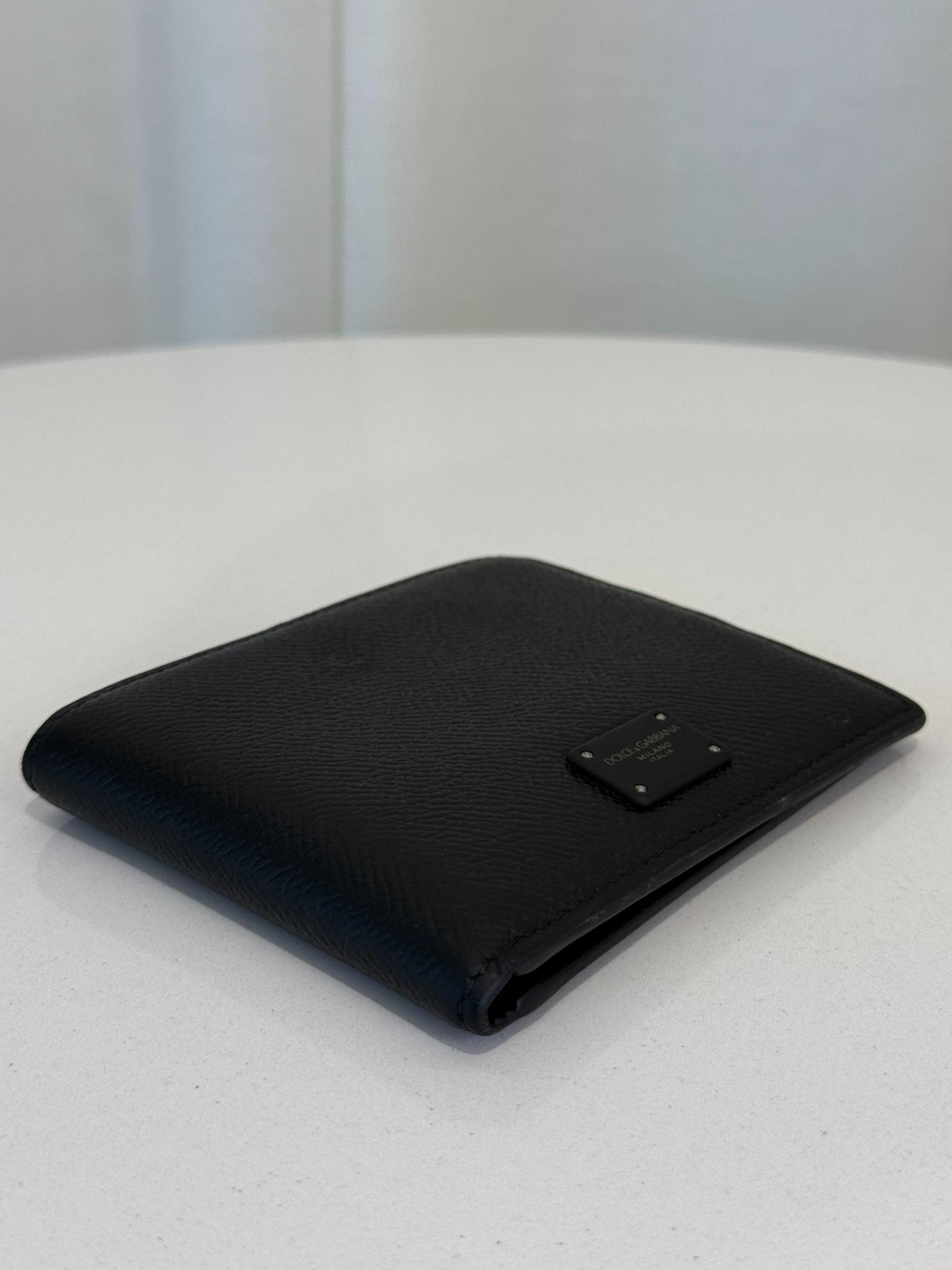 Dolce Gabbana Black Leather Logo Plaque Bifold Wallet