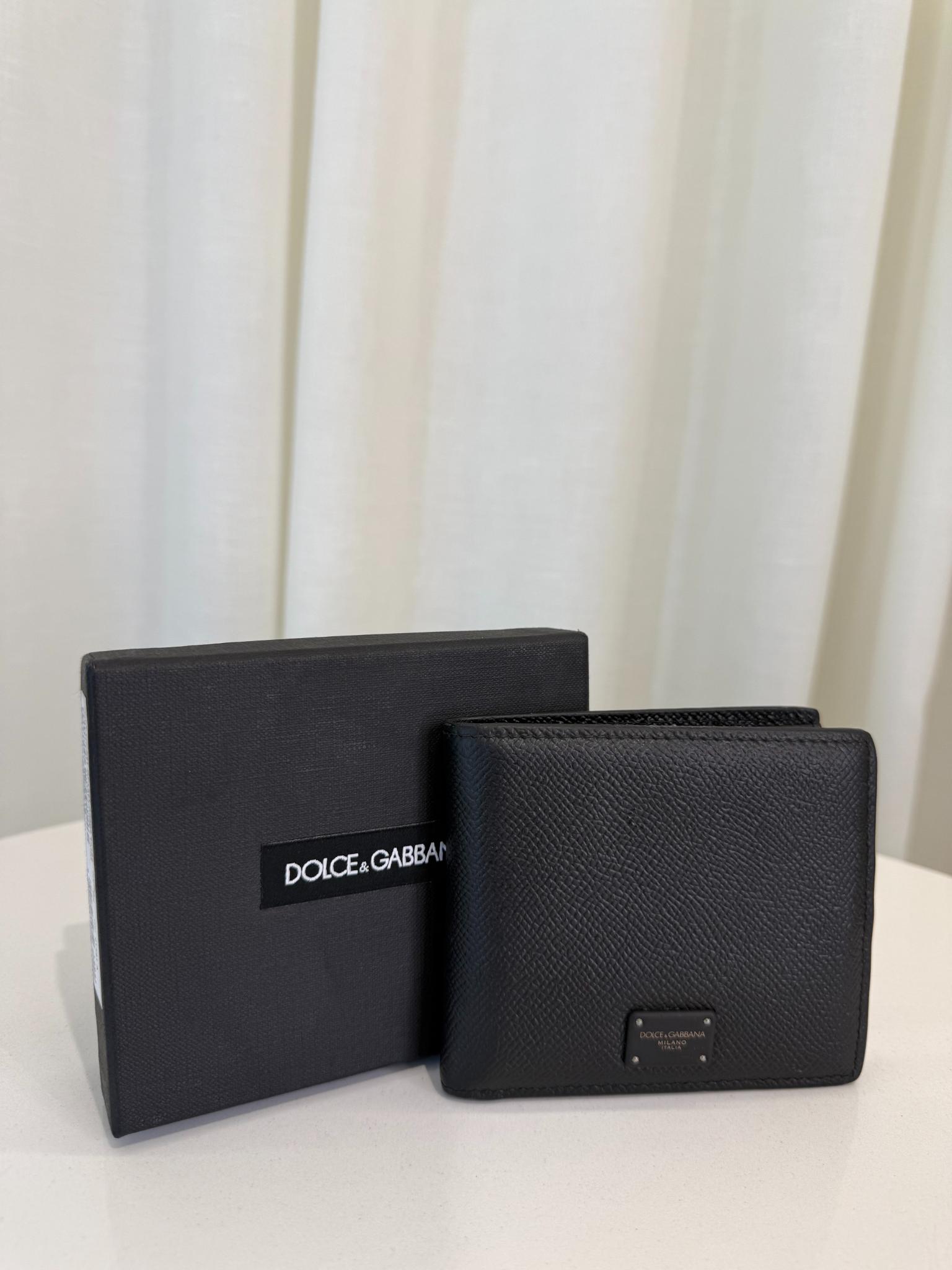 Dolce Gabbana Black Leather Logo Plaque Bifold Wallet