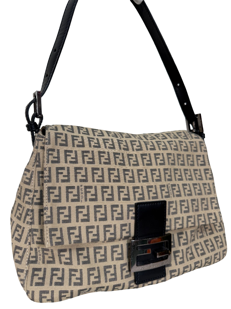 Fendi Beige/Brown Zucchino Canvas Mamma Baguette Shoulder Bag