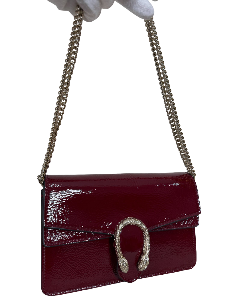 Gucci Mini Dionysus Rosso Ancora Crinkled Patent Leather Bag