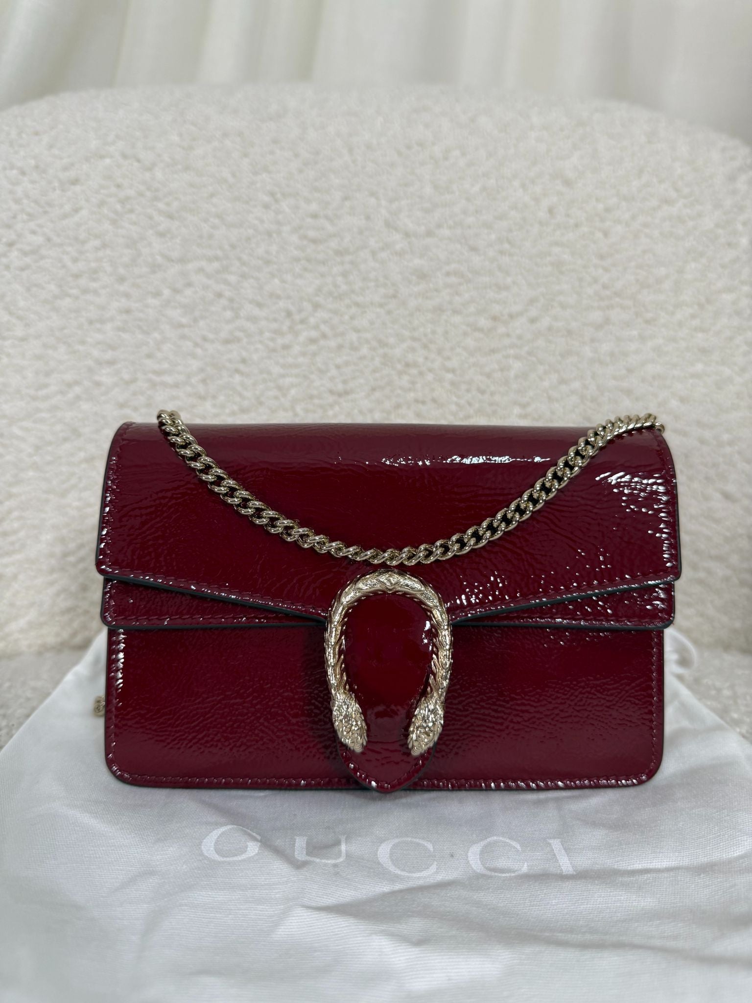 Gucci Mini Dionysus Rosso Ancora Crinkled Patent Leather Bag