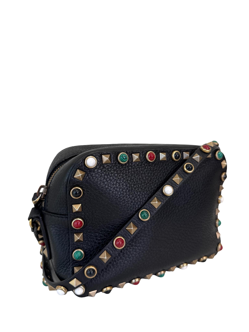 Valentino Garavani Black Pebbled Calfskin Rolling Rockstud Camera Bag