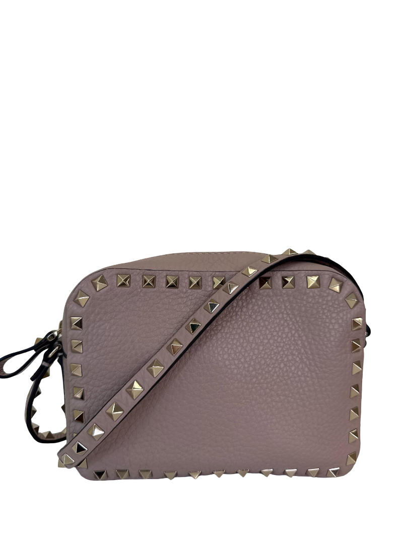 Valentino Garavani Beige Pebbled Calfskin Rockstud Camera Bag