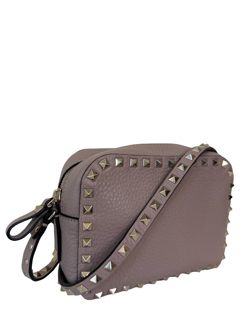 Valentino Garavani Beige Pebbled Calfskin Rockstud Camera Bag