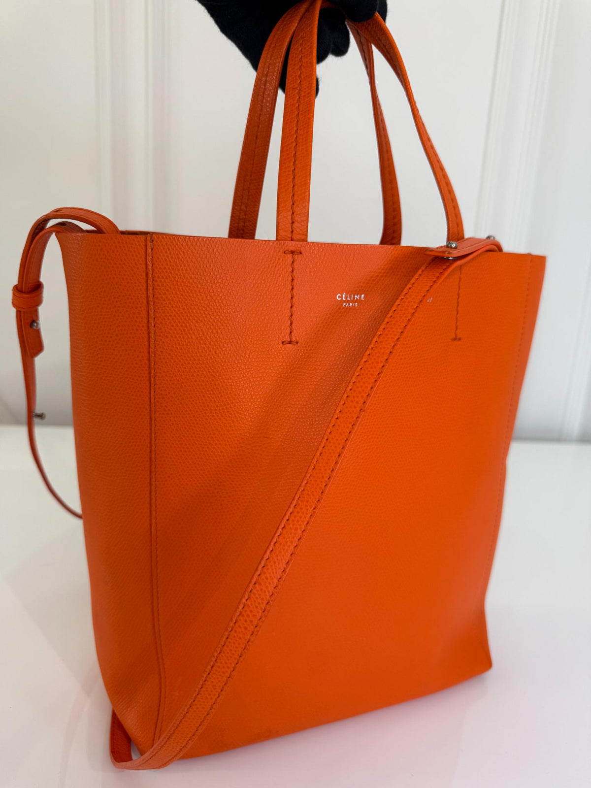 Celine Small Cabas Vertical Orange Grained Leather Tote