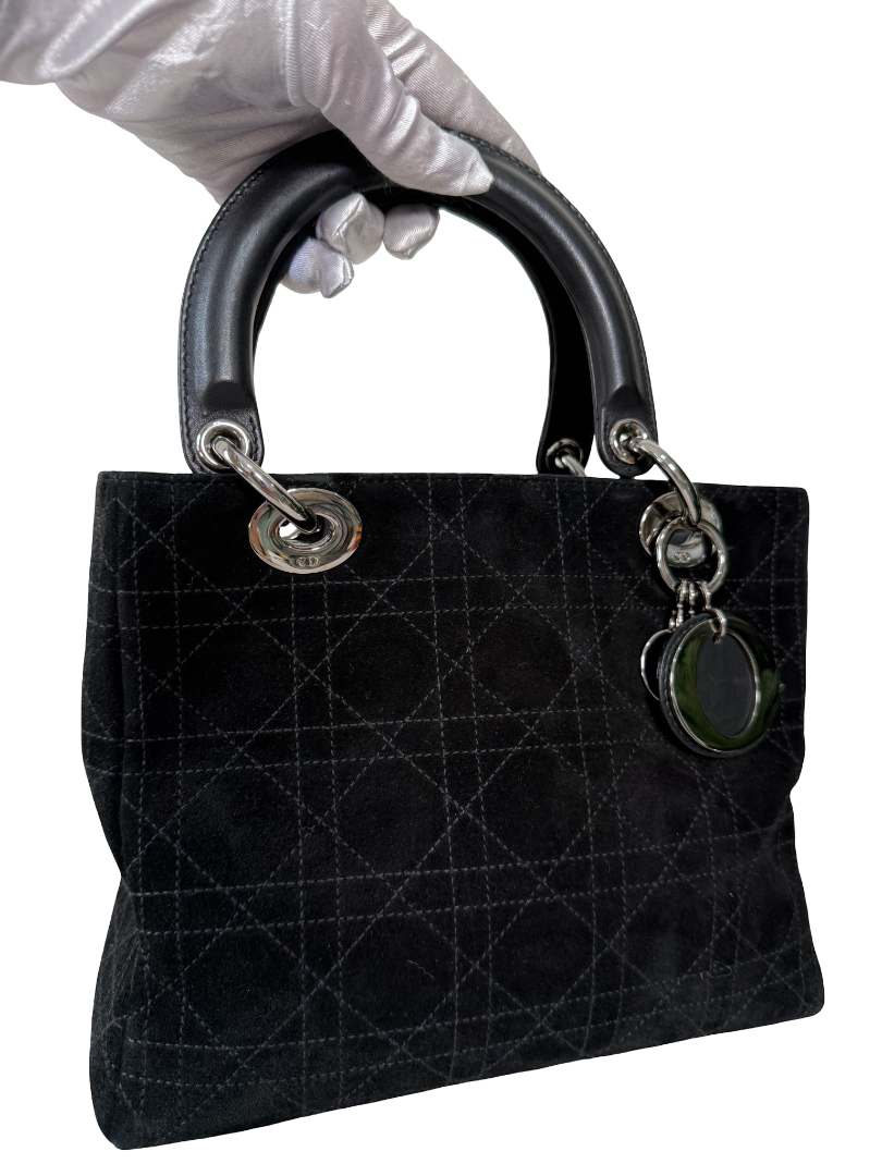 Christian Dior Medium Lady Dior Black Suede Leather Top Handle