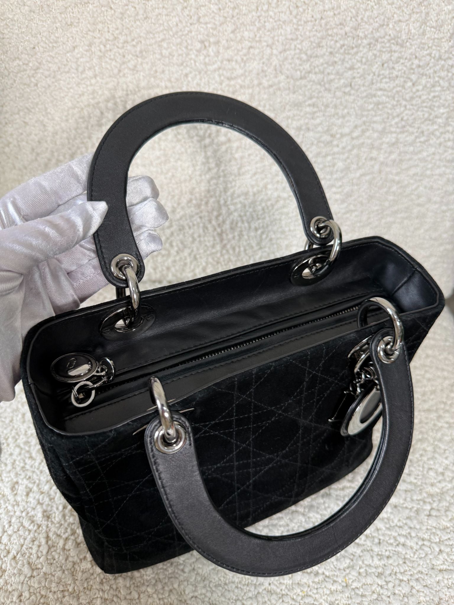 Christian Dior Medium Lady Dior Black Suede Leather Top Handle