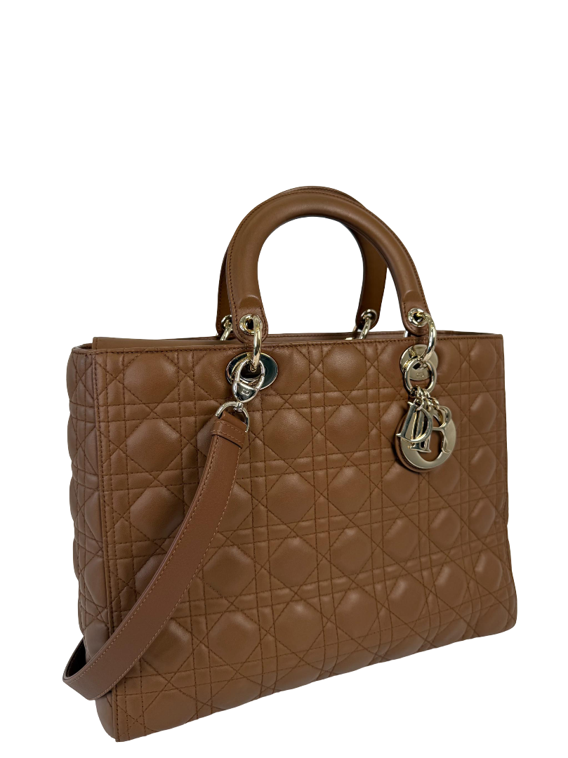 Christian Dior Large Tan Lady Dior Lambskin Cannage