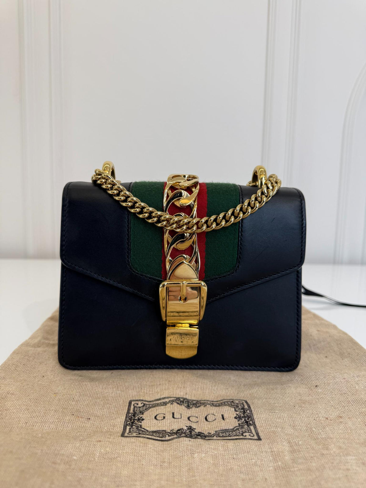 Gucci Sylvie Black Leather Web Signature Chain Crossbody Bag