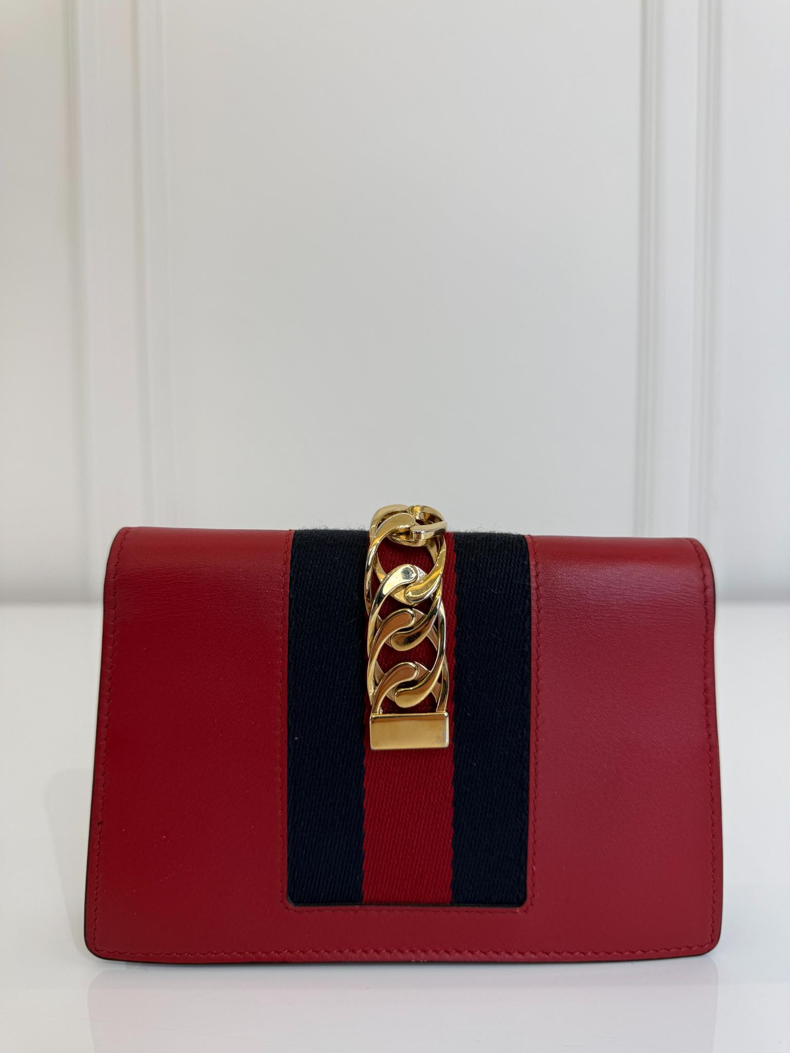 Gucci Mini Sylvie Red Leather Web Signature Chain Crossbody Bag