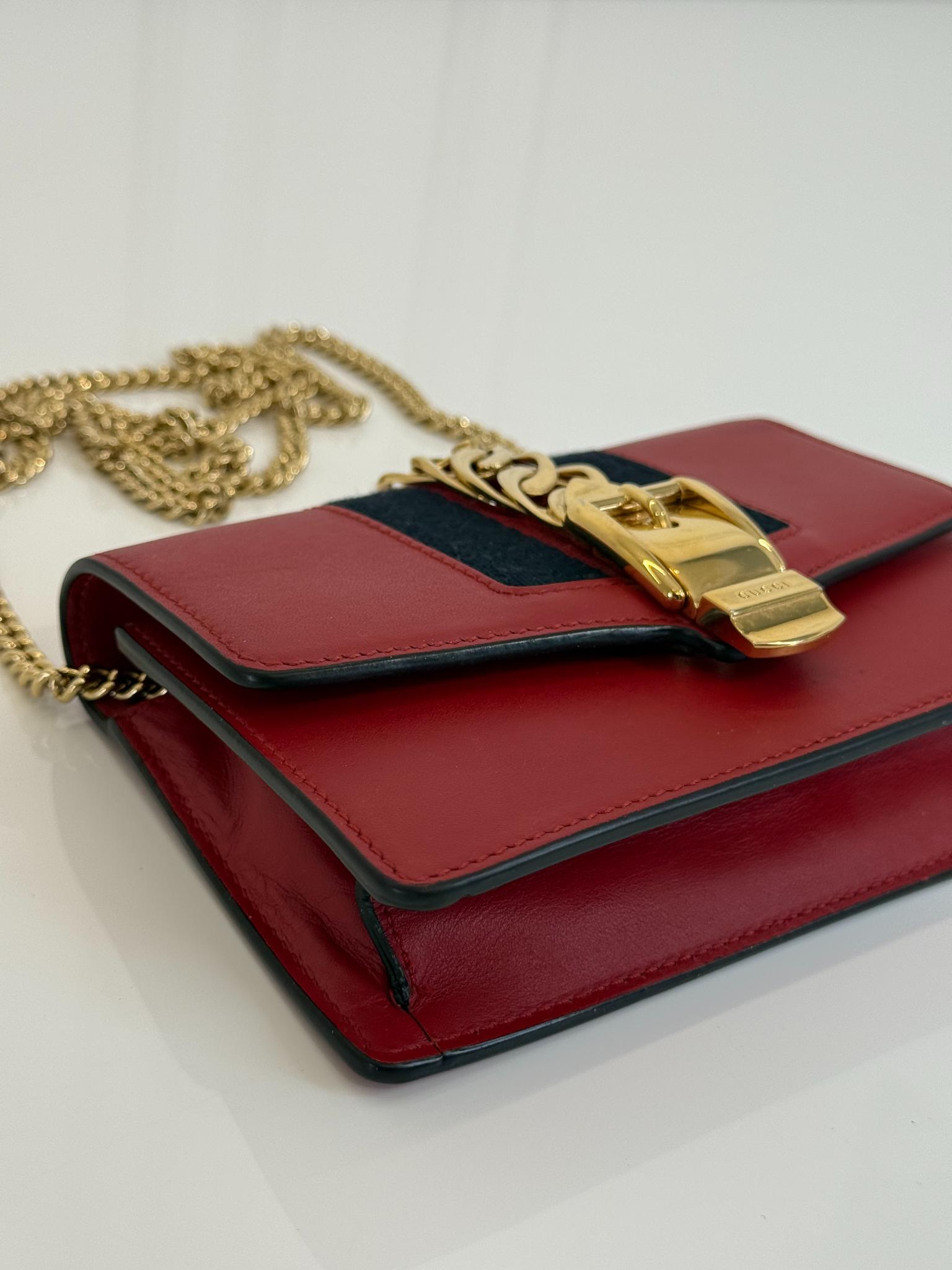 Gucci Mini Sylvie Red Leather Web Signature Chain Crossbody Bag