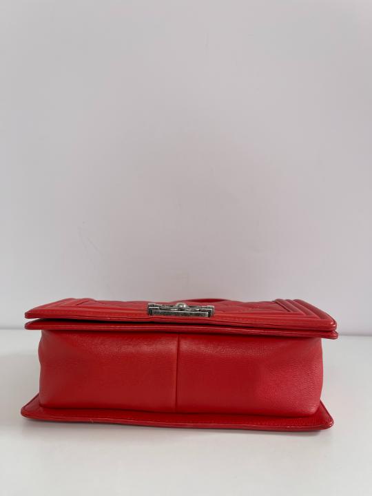 Chanel Red Diamond Stitch Calfskin Leather Old Medium Boy Bag