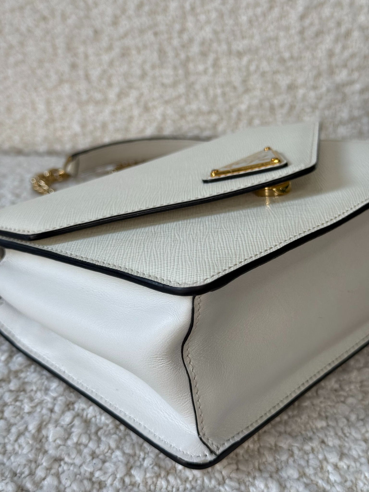 Prada White Saffiano Lux Leather Triangle Logo Envelope Chain Bag