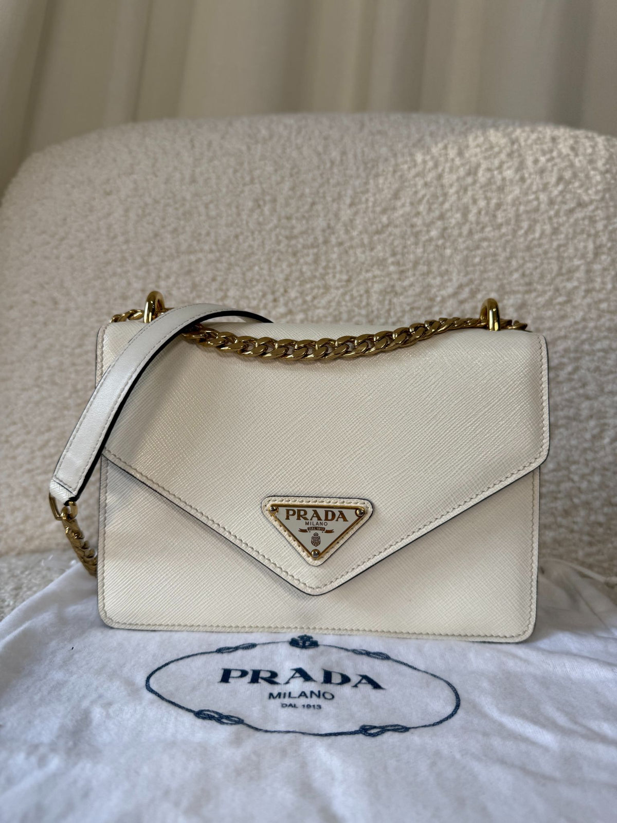 Prada White Saffiano Lux Leather Triangle Logo Envelope Chain Bag