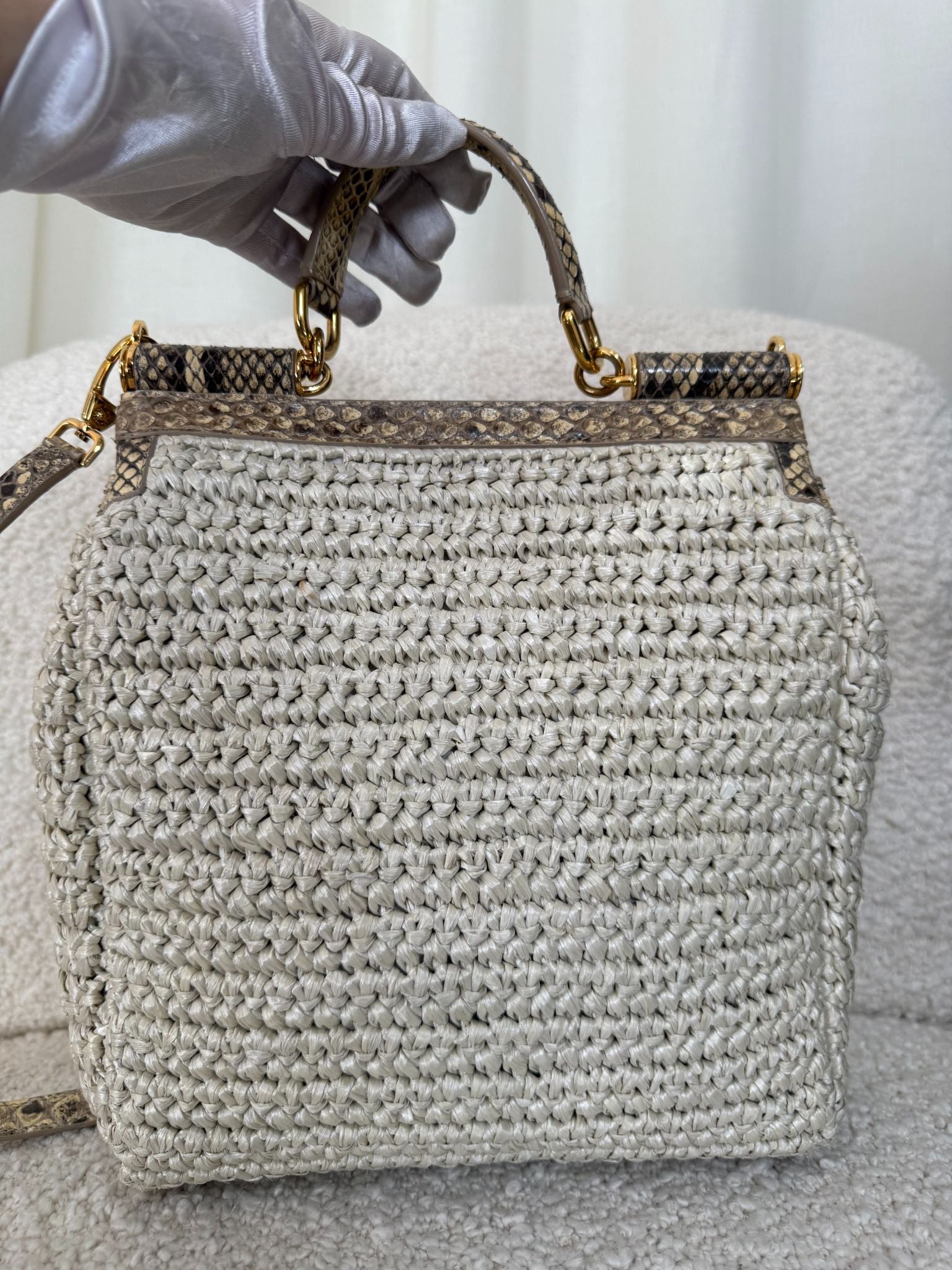 Dolce Gabbana Beige Python and Raffia Miss Sicily Top Handle Bag