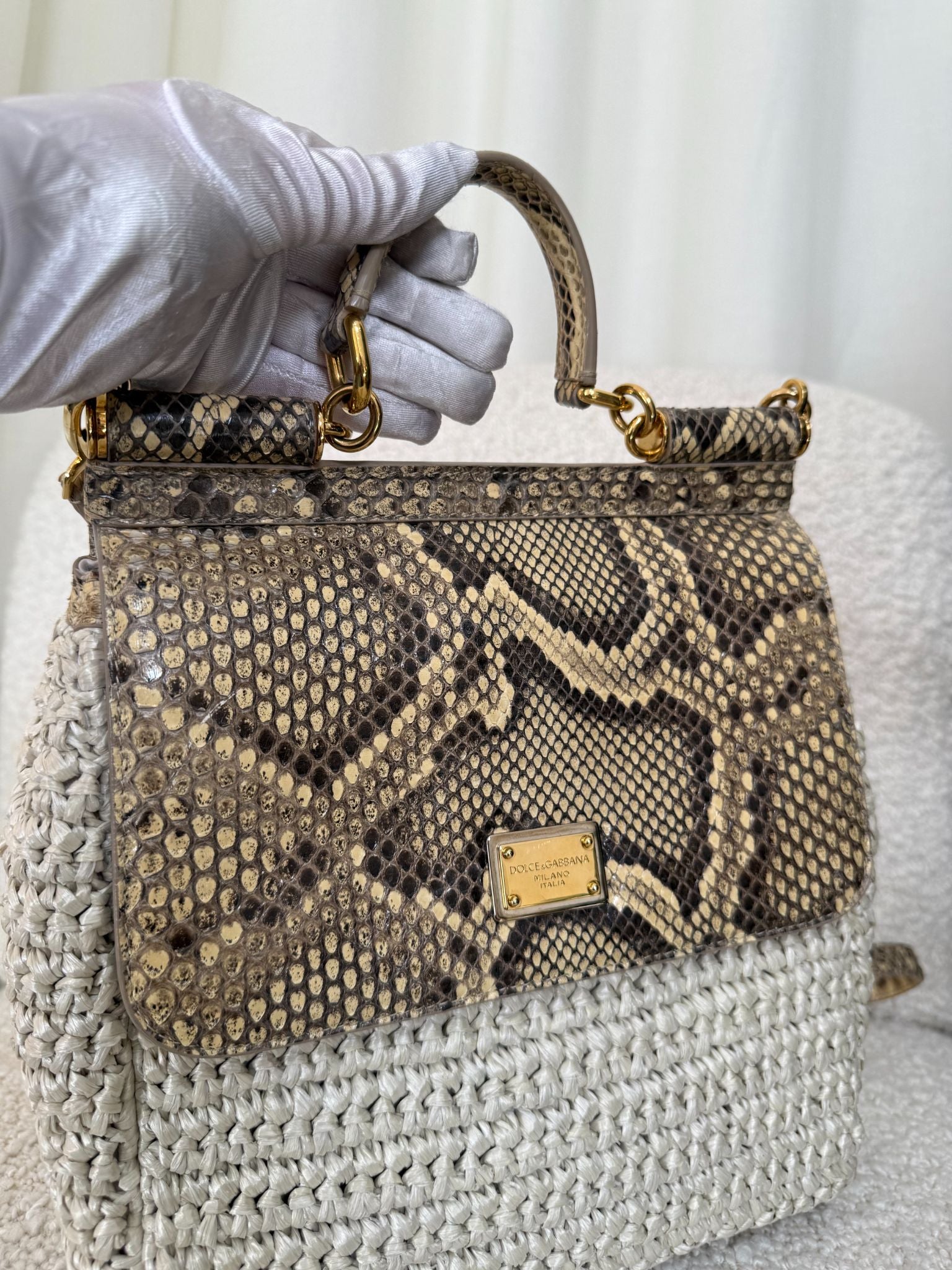 Dolce Gabbana Beige Python and Raffia Miss Sicily Top Handle Bag