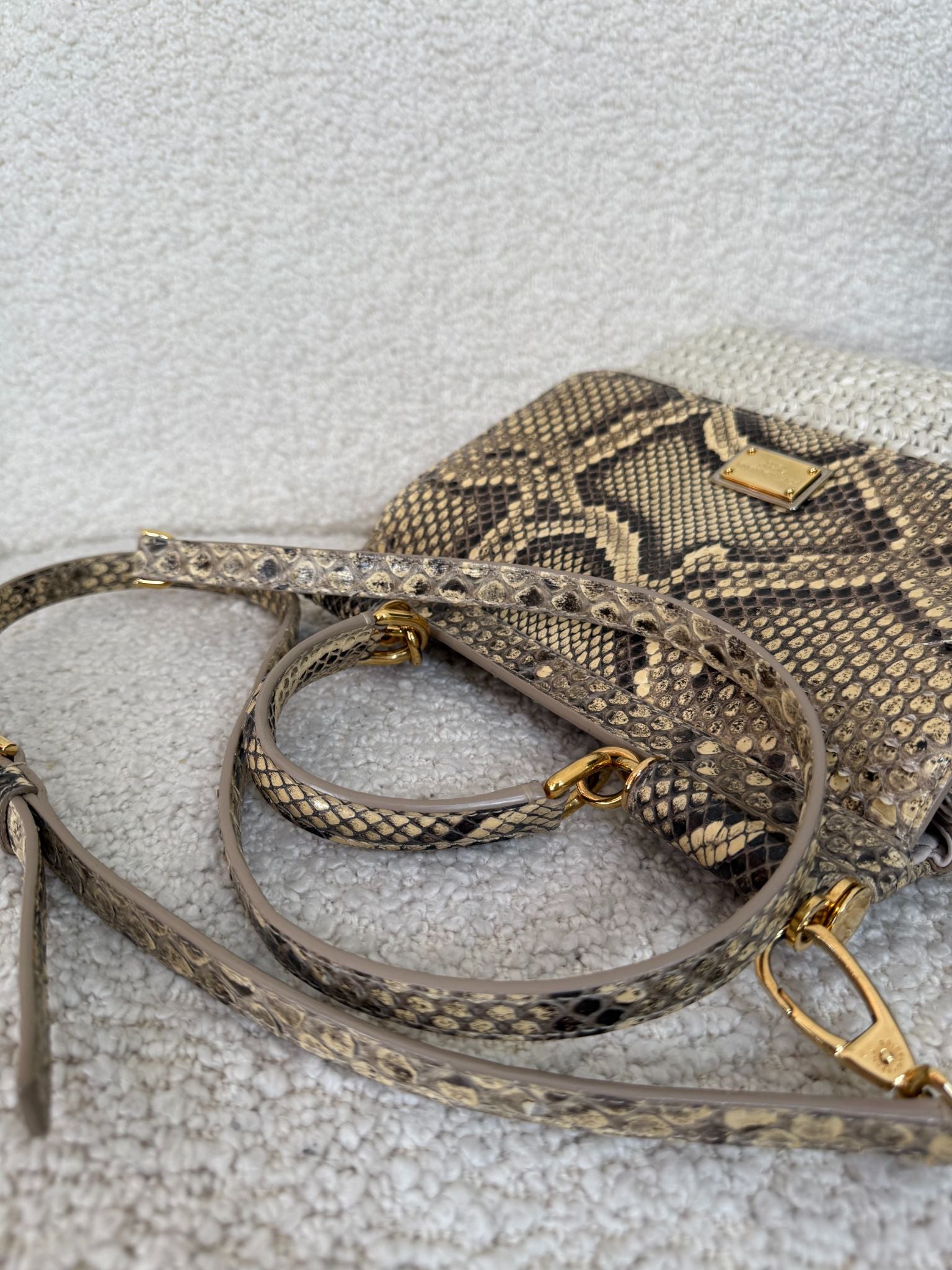 Dolce Gabbana Beige Python and Raffia Miss Sicily Top Handle Bag