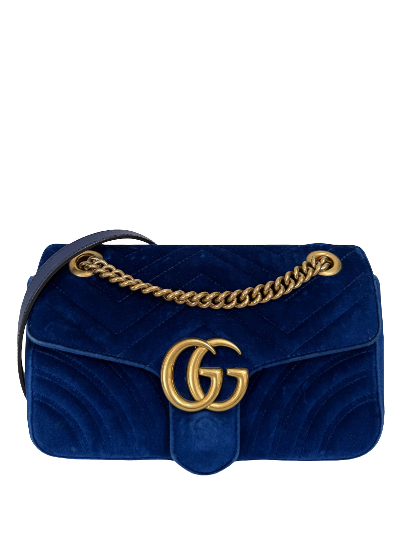 Gucci Velvet Matelasse Small GG Marmont Shoulder Bag Cobalt Blue