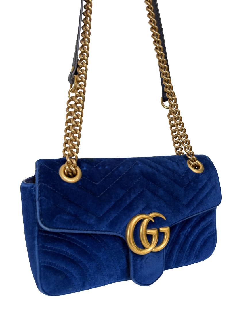 Gucci Velvet Matelasse Small GG Marmont Shoulder Bag Cobalt Blue