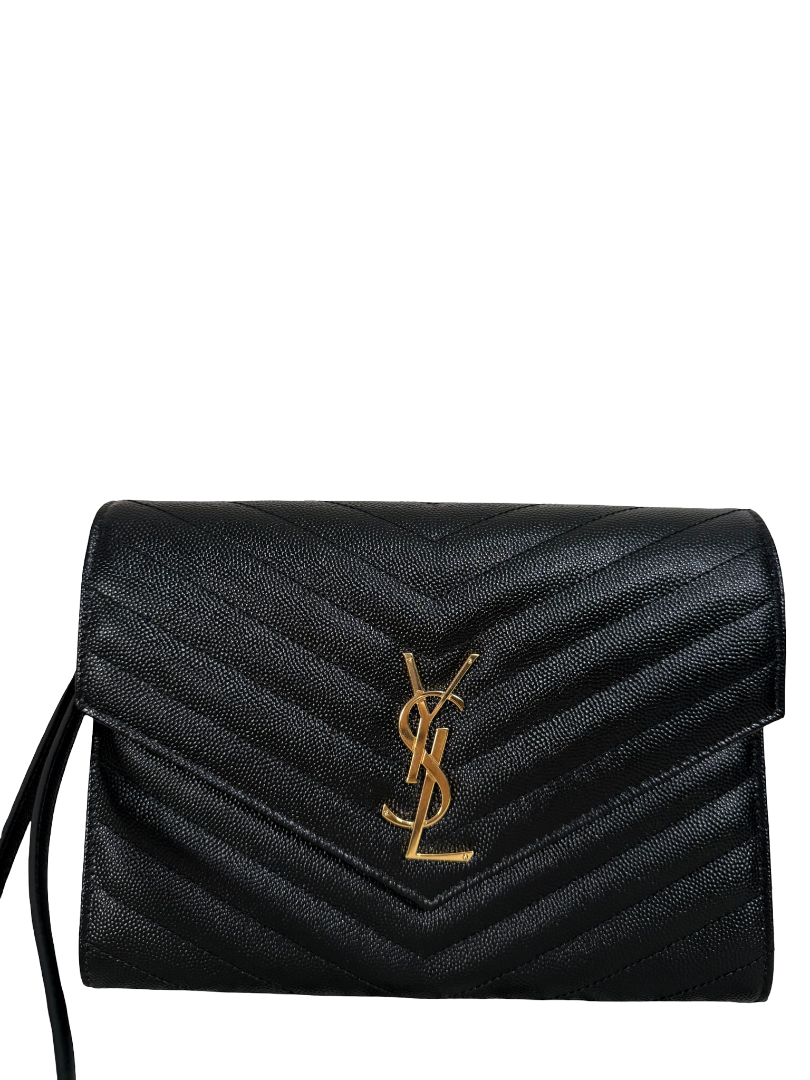 Saint Laurent Grain De Poudre Cassandre Envelope Black Wristlet Clutch