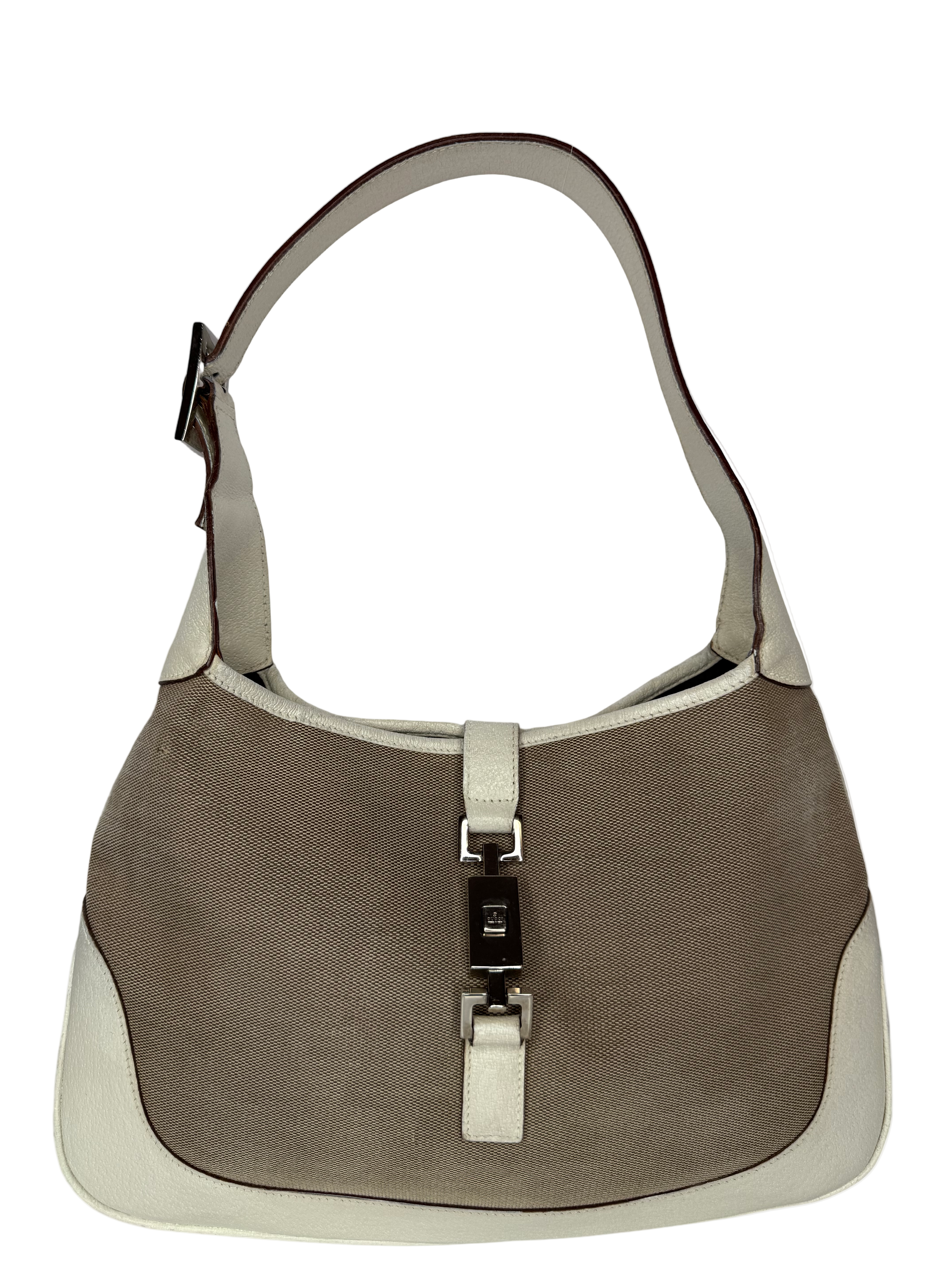 Gucci Vintage Jackie Beige Canvas White Leather Shoulder Bag