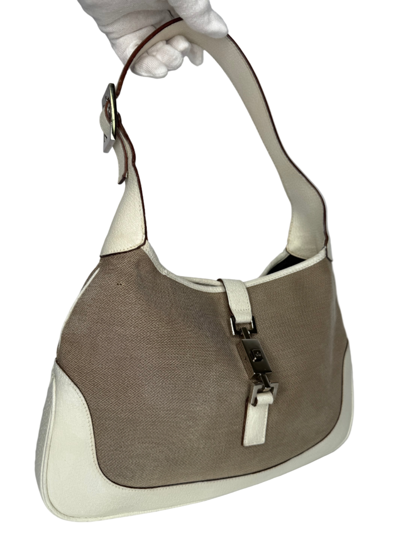 Gucci Vintage Jackie Beige Canvas White Leather Shoulder Bag