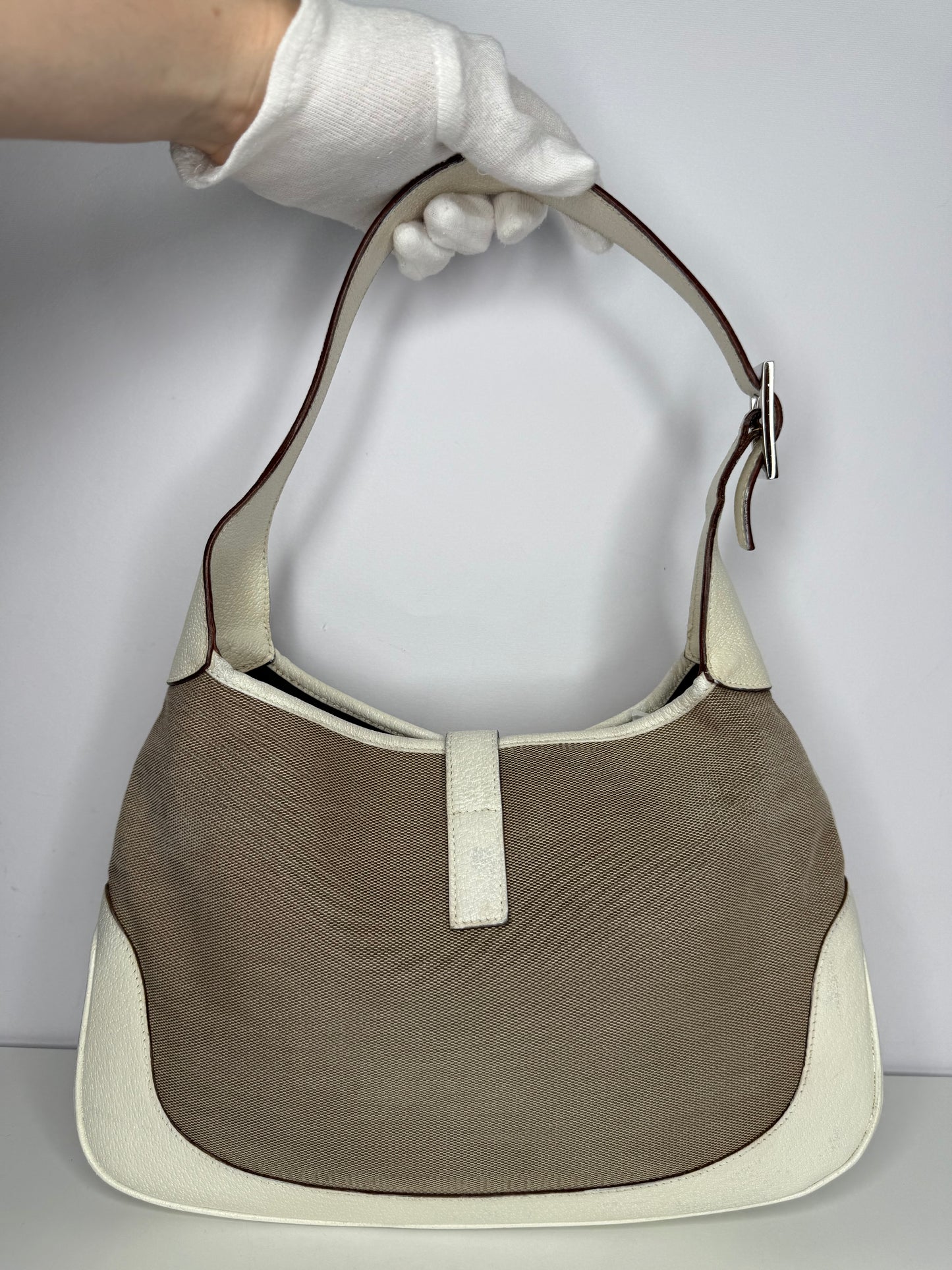 Gucci Vintage Jackie Beige Canvas White Leather Shoulder Bag