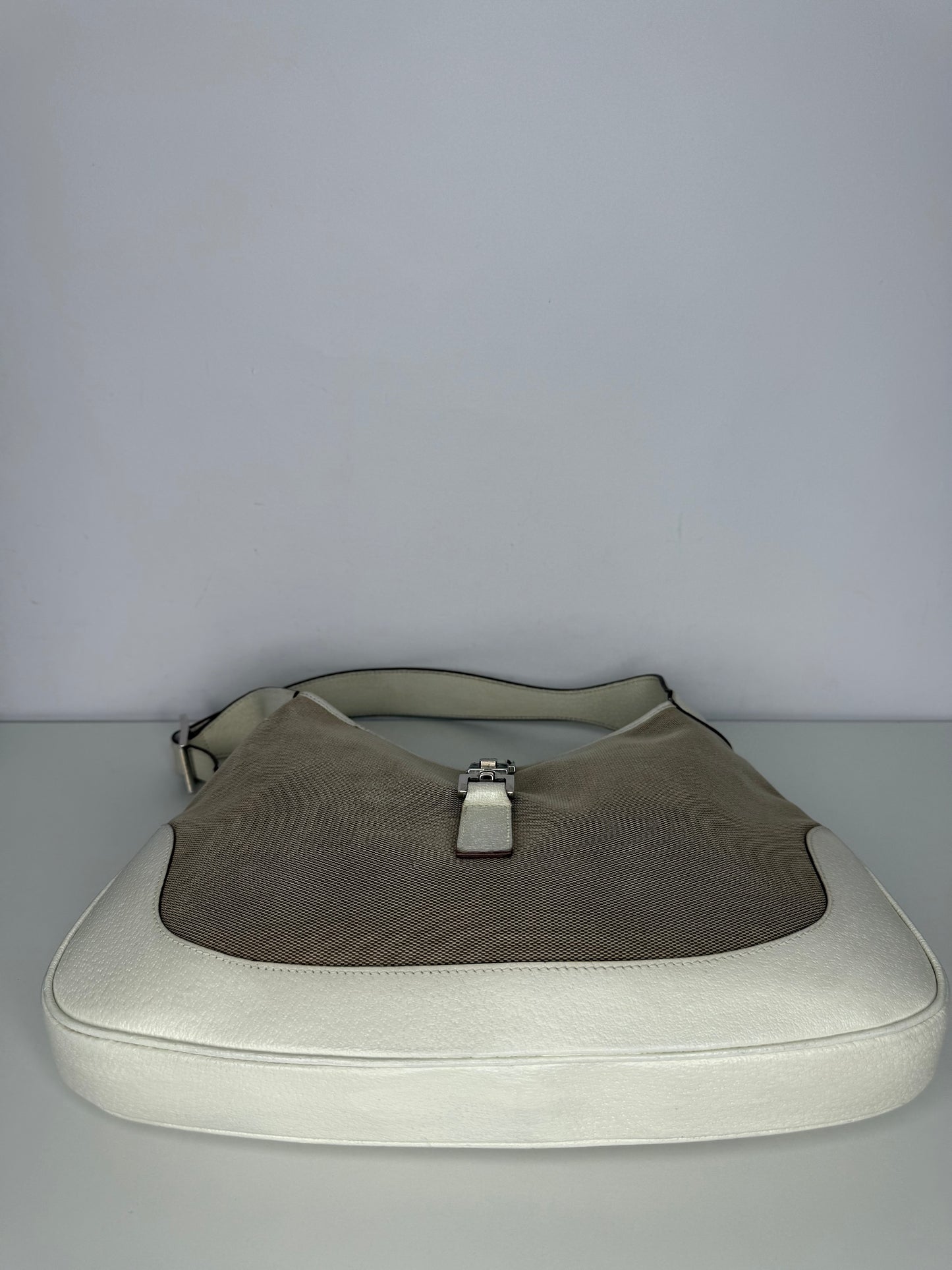 Gucci Vintage Jackie Beige Canvas White Leather Shoulder Bag