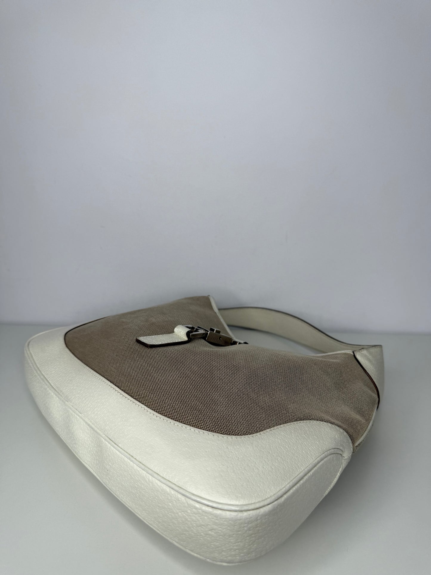 Gucci Vintage Jackie Beige Canvas White Leather Shoulder Bag