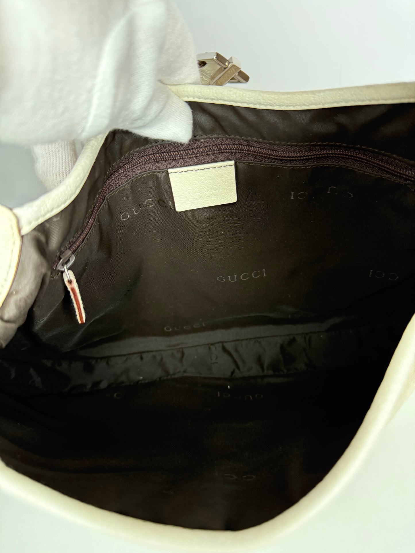 Gucci Vintage Jackie Beige Canvas White Leather Shoulder Bag