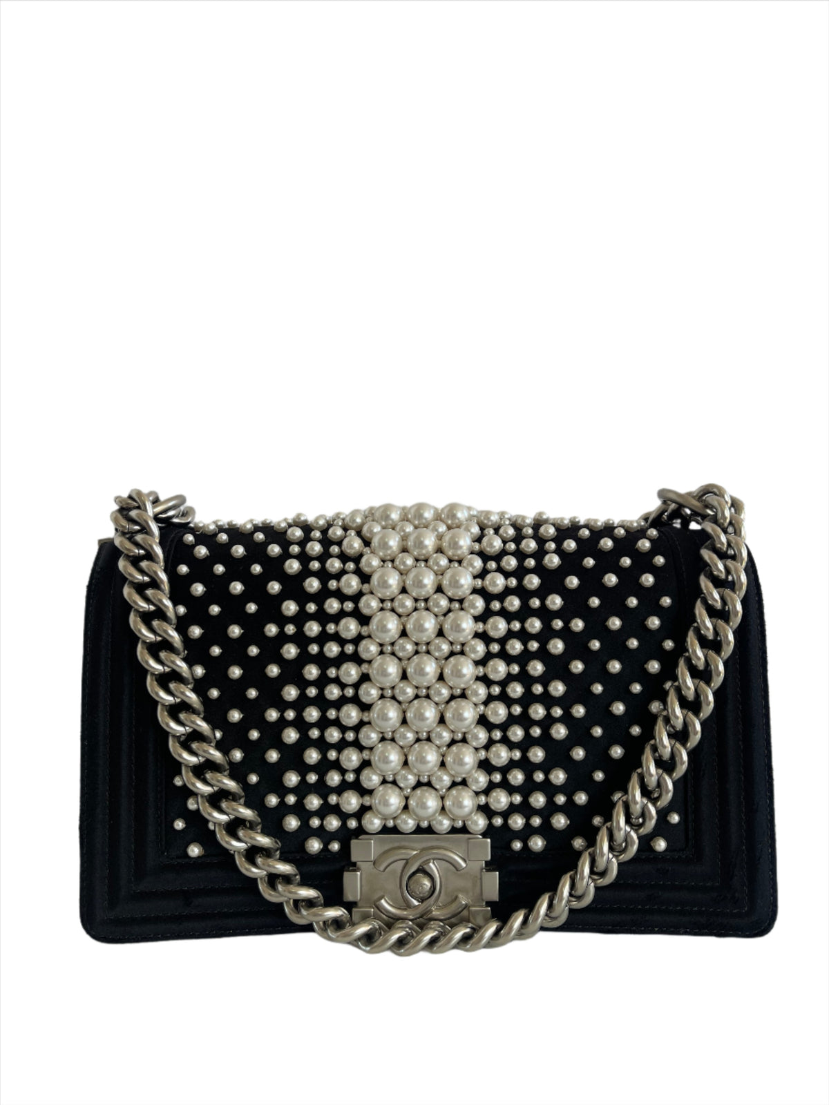 Chanel Black Resin Pearl and Satin Medium Boy Bag Matte Silver Hardware