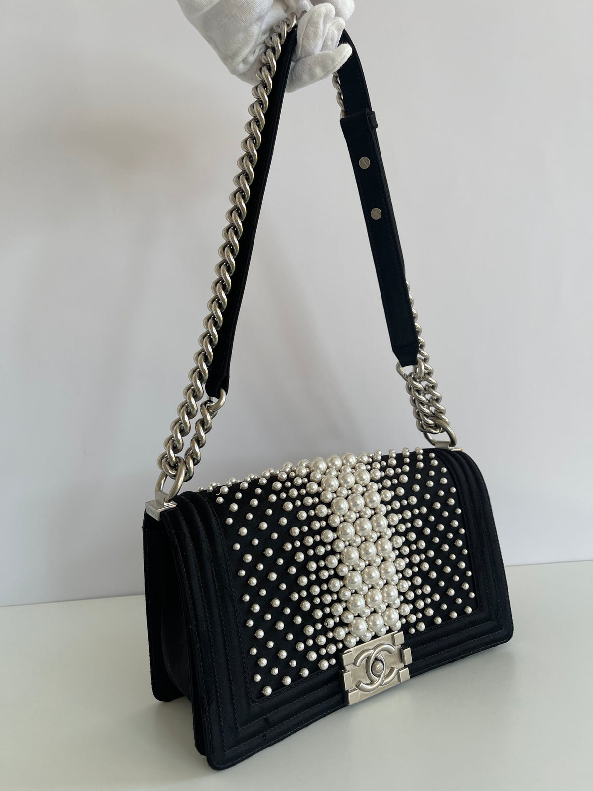 Chanel Black Resin Pearl and Satin Medium Boy Bag Matte Silver Hardware