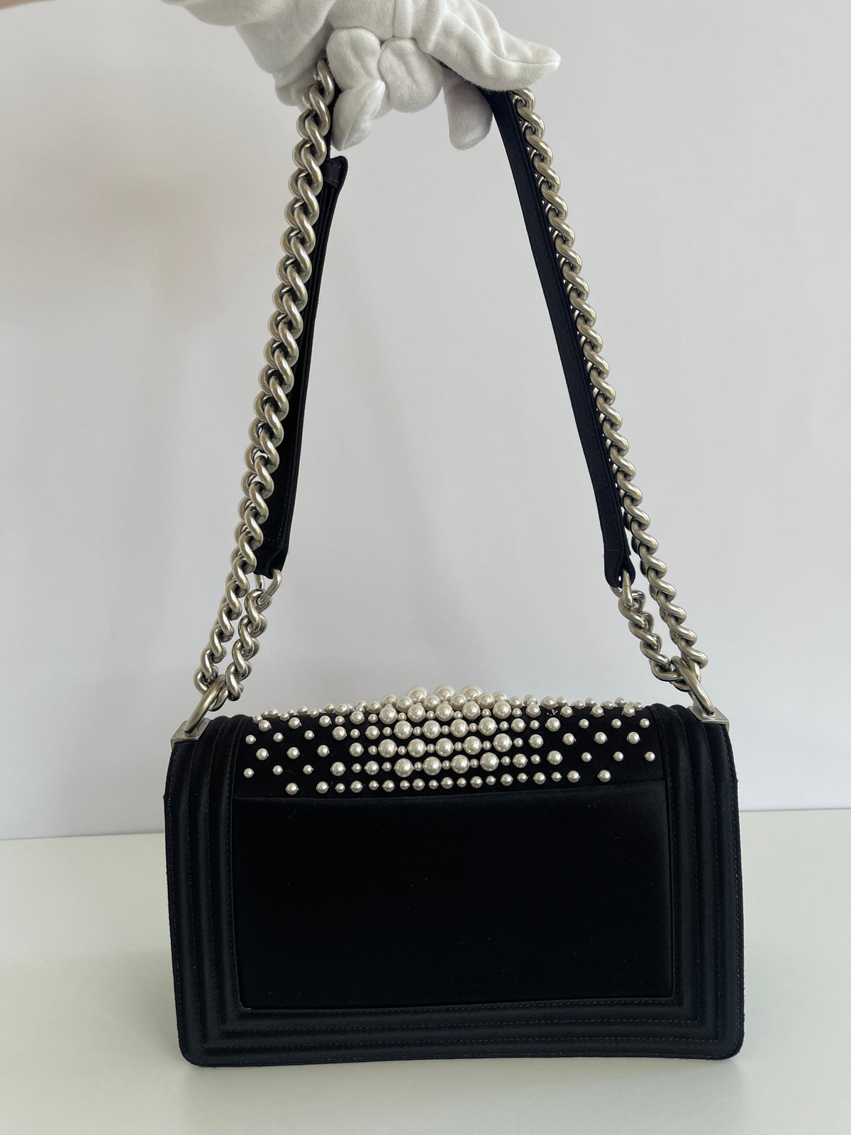 Chanel Black Resin Pearl and Satin Medium Boy Bag Matte Silver Hardware