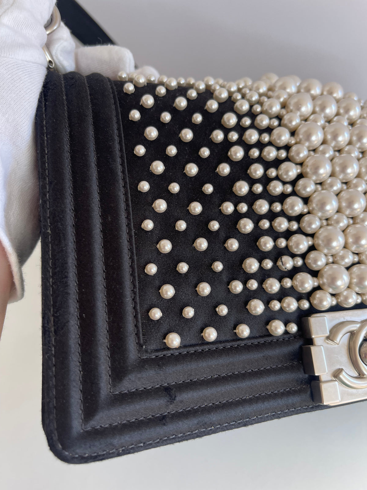 Chanel Black Resin Pearl and Satin Medium Boy Bag Matte Silver Hardware