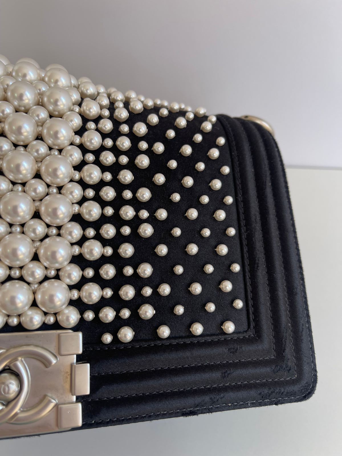 Chanel Black Resin Pearl and Satin Medium Boy Bag Matte Silver Hardware