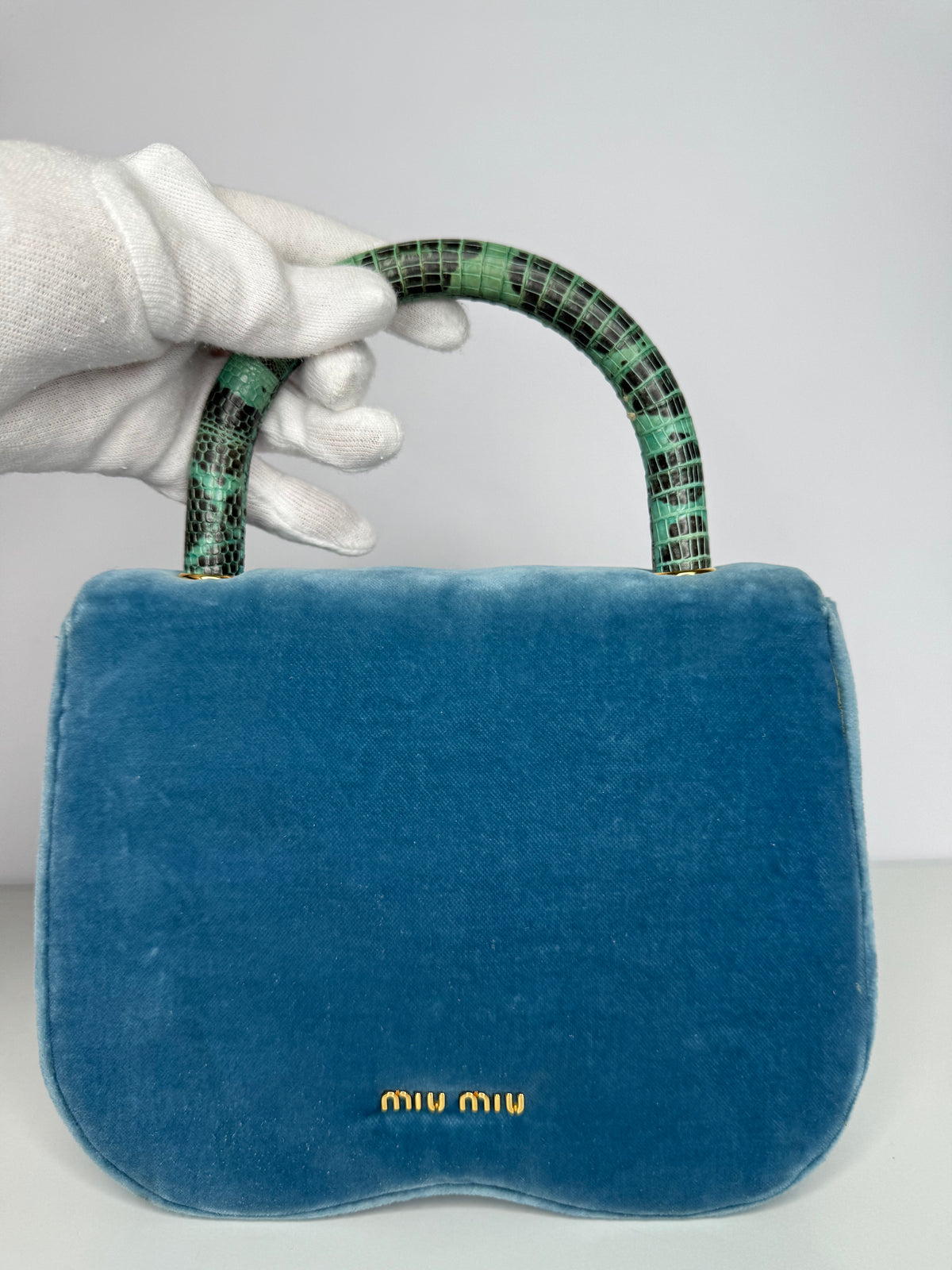 Miu Miu Blue Velvet Lizard Top Handle Bag