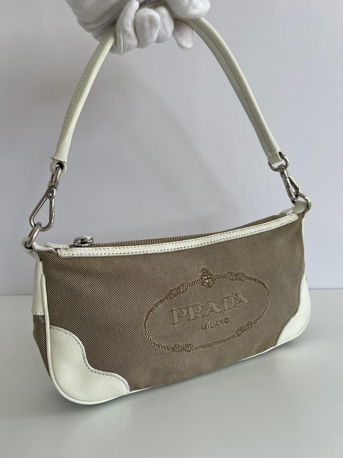 Prada Jacquard Logo White Leather Pochette