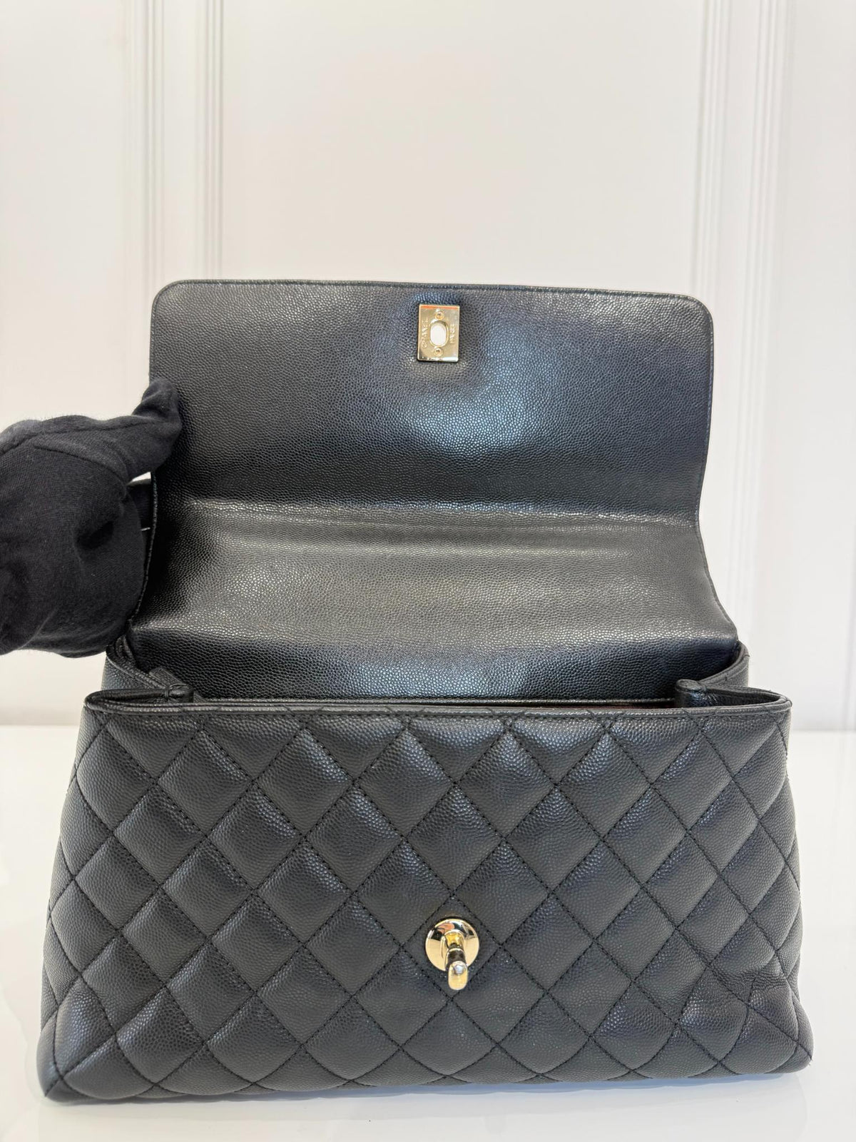 Chanel Black Caviar Quilted Coco Handle Medium Gold Hardware