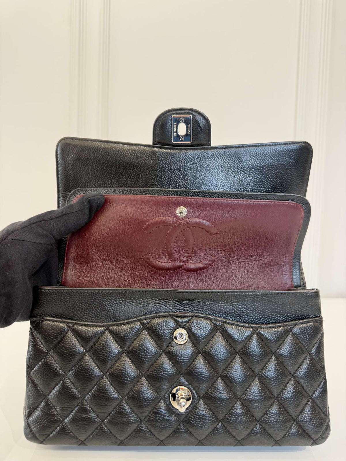 Chanel Classic Medium Double Flap Bag Black Caviar Silver Hardware