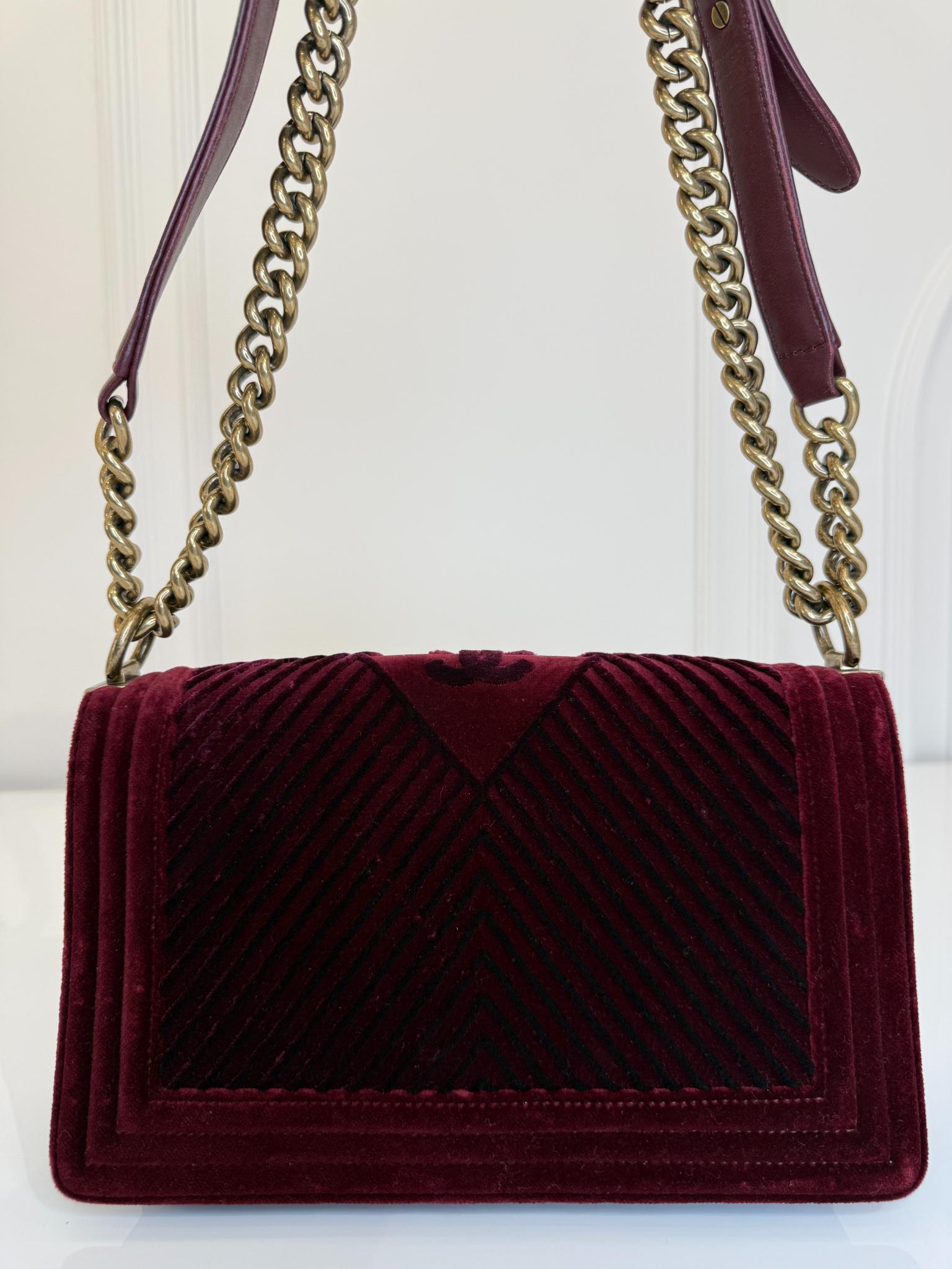 Chanel Small Boy Flap Burgundy Velvet Chevron Quilted  Bag