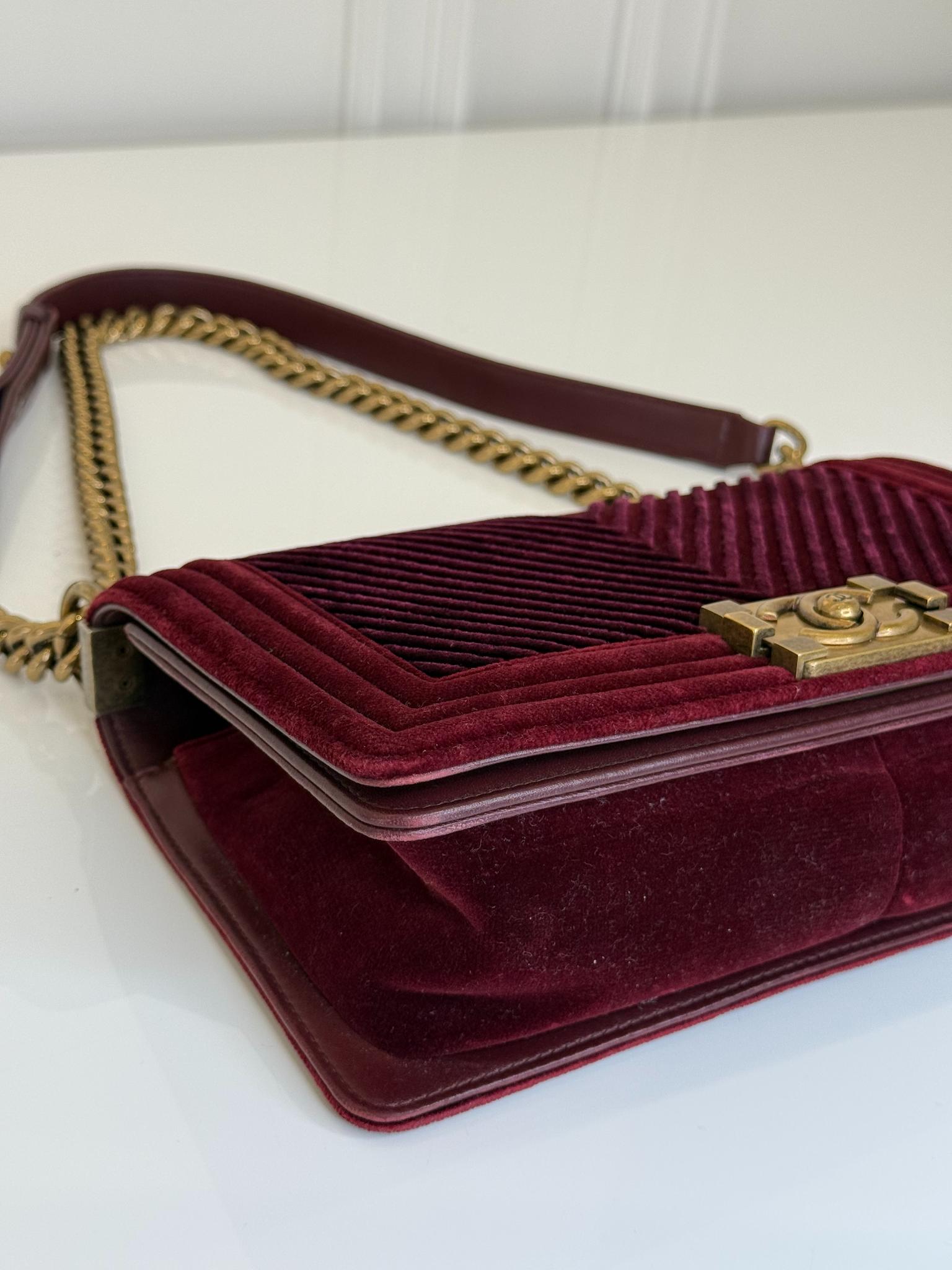 Chanel Small Boy Flap Burgundy Velvet Chevron Quilted  Bag
