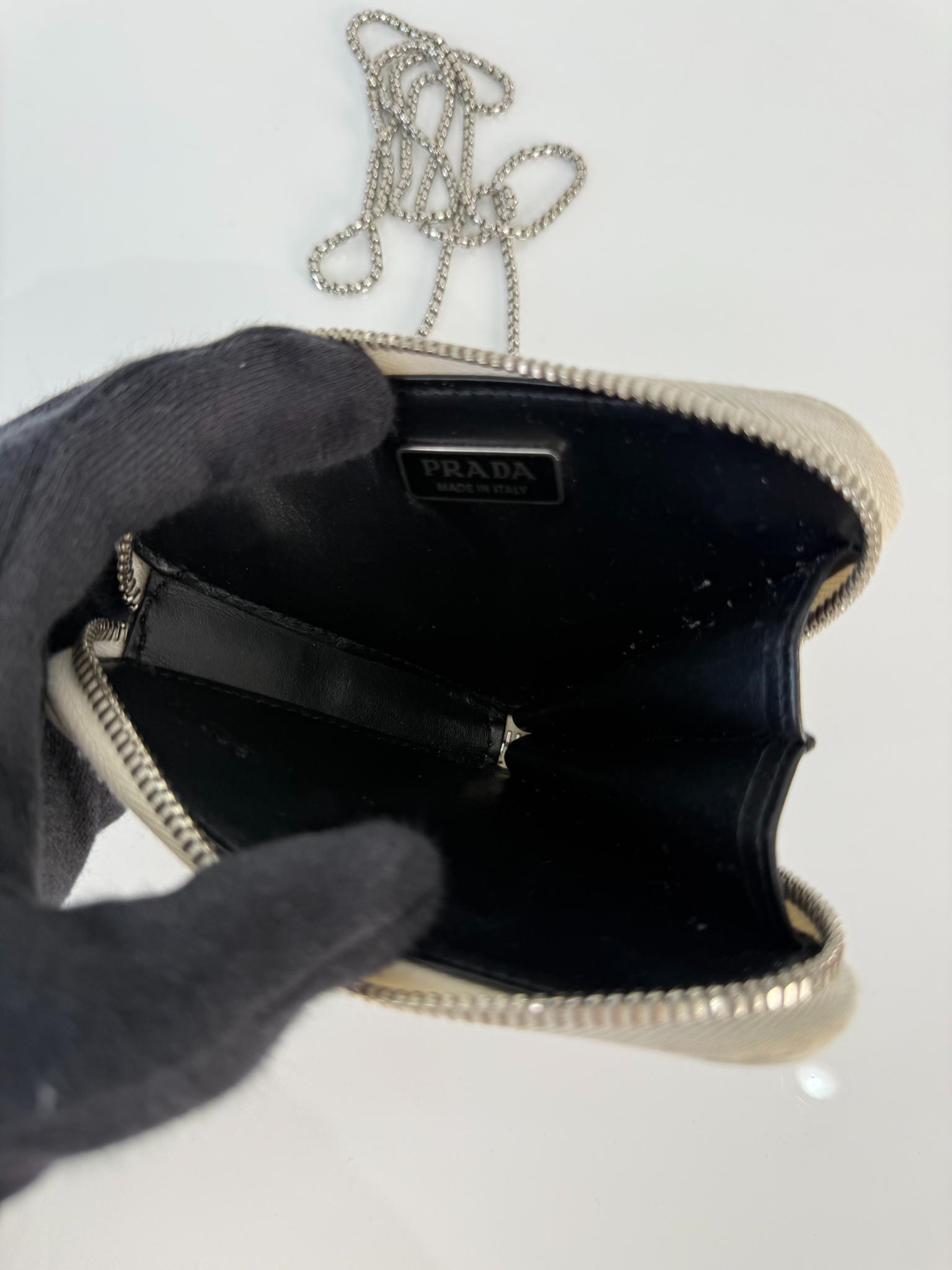 Prada White Brushed Leather Triangle Mini Chain Shoulder Bag