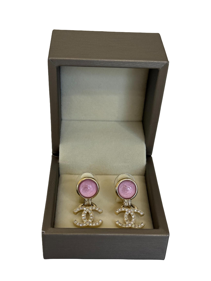 Chanel CC Logo Pink Resin Top Rhinestone Gold-Tone Earrings