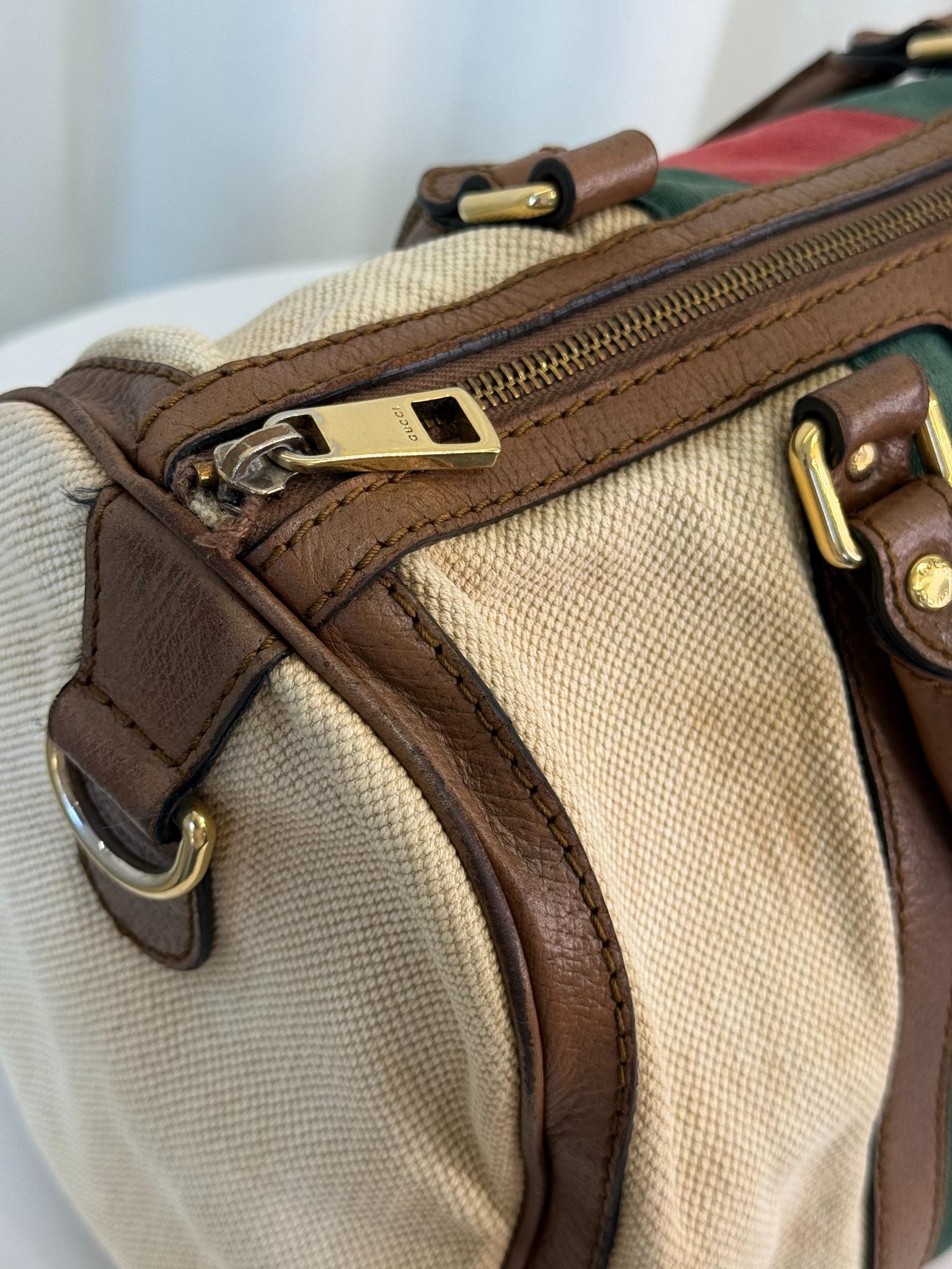 Gucci Brown/Tan Canvas Medium Vintage Web Boston Bag