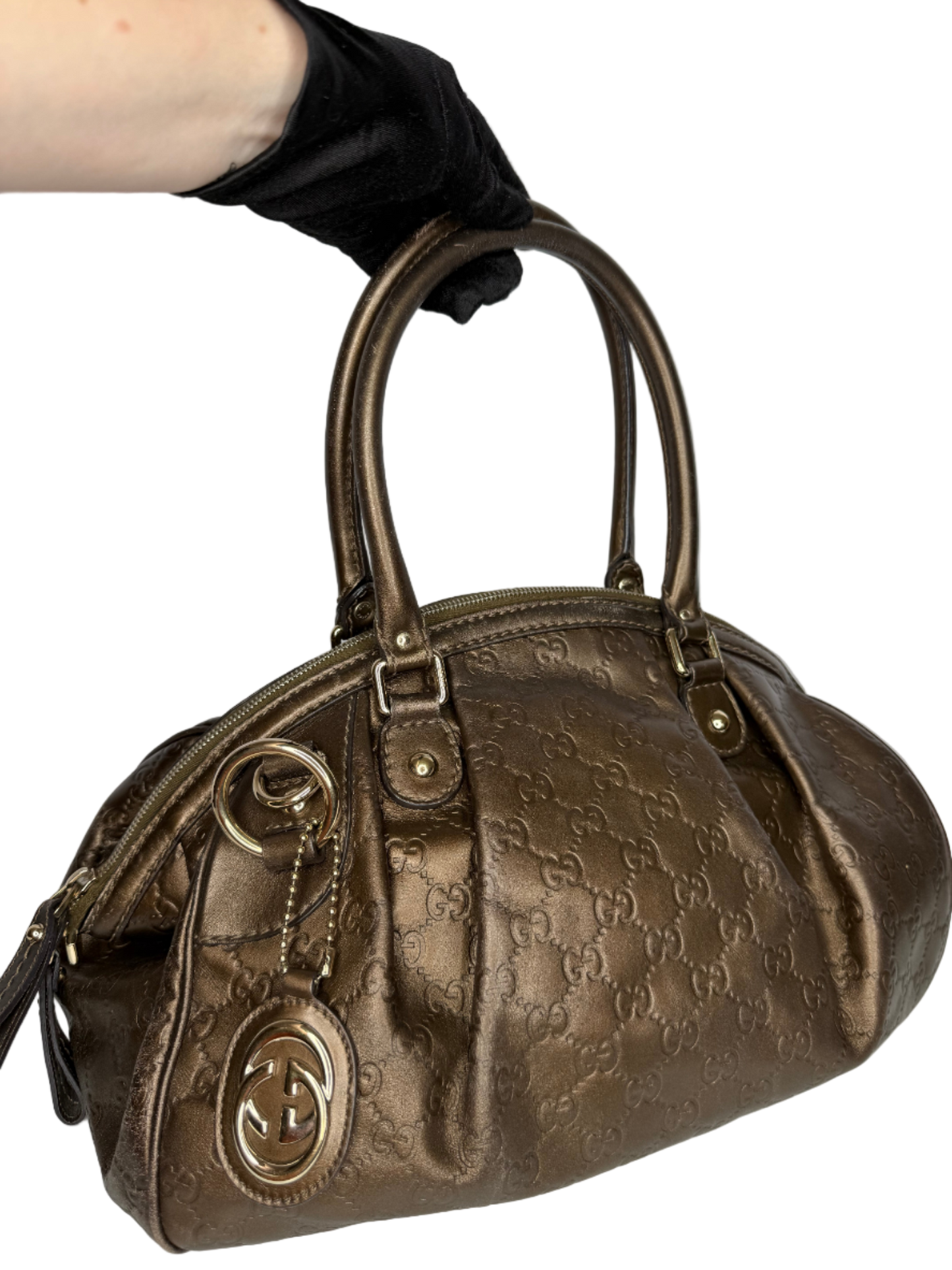 Gucci Brown/Bronze Embossed Guccissima Leather Sukey Medium Boston Bag