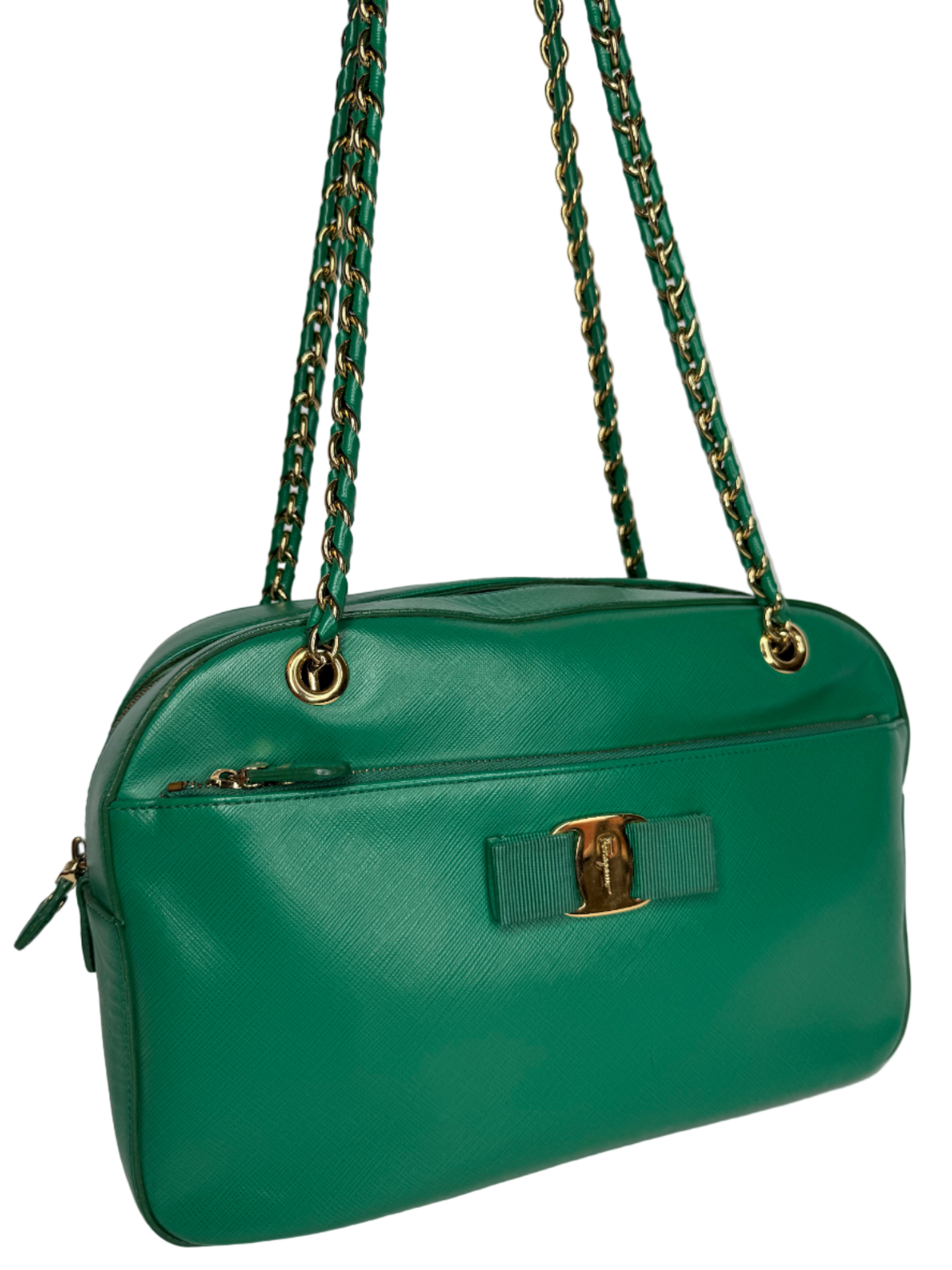 Salvatore Ferragamo Vara Bow Green Saffiano Leather Crossbody Bag