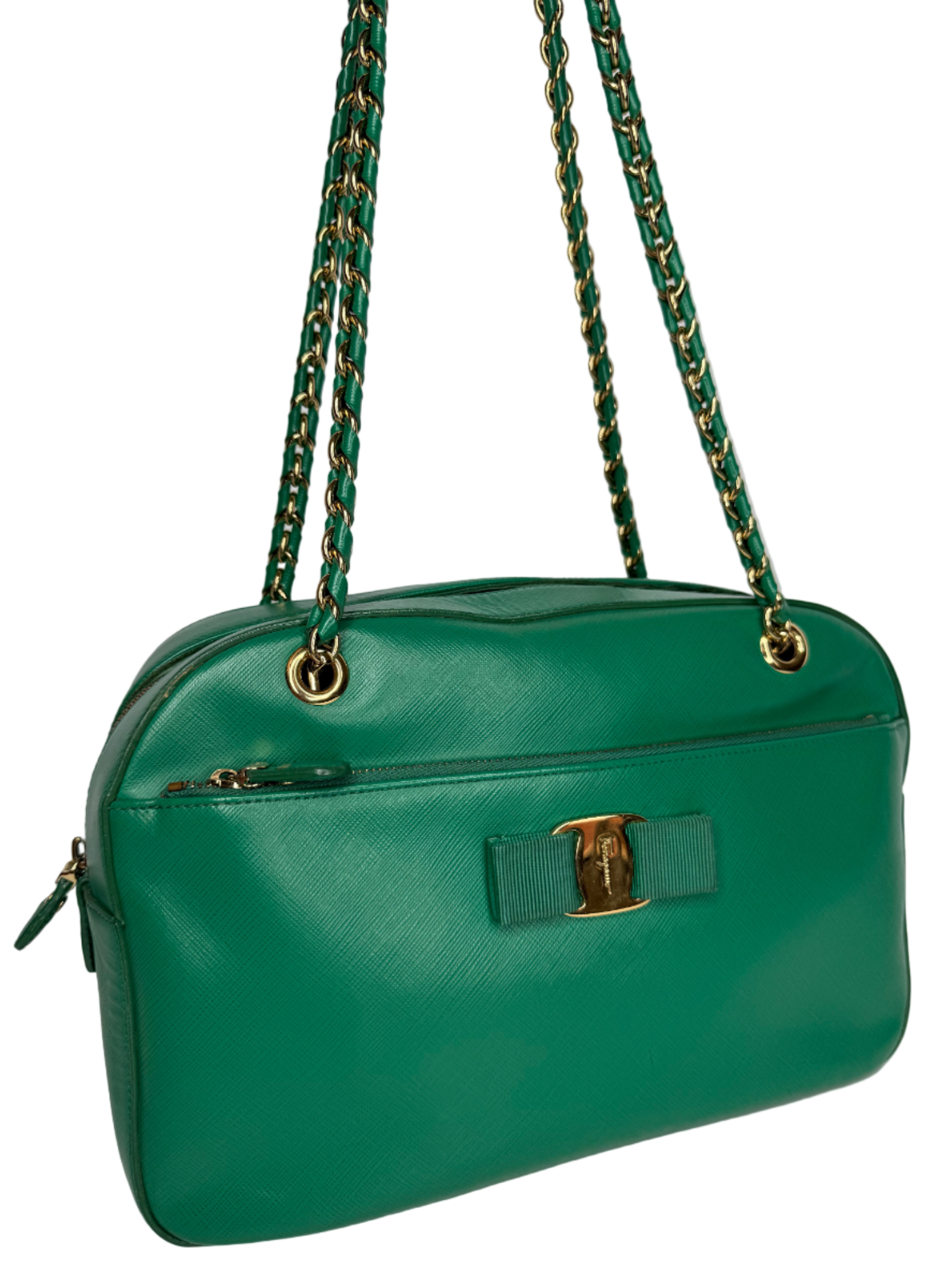 Salvatore Ferragamo Vara Bow Green Saffiano Leather Crossbody Bag