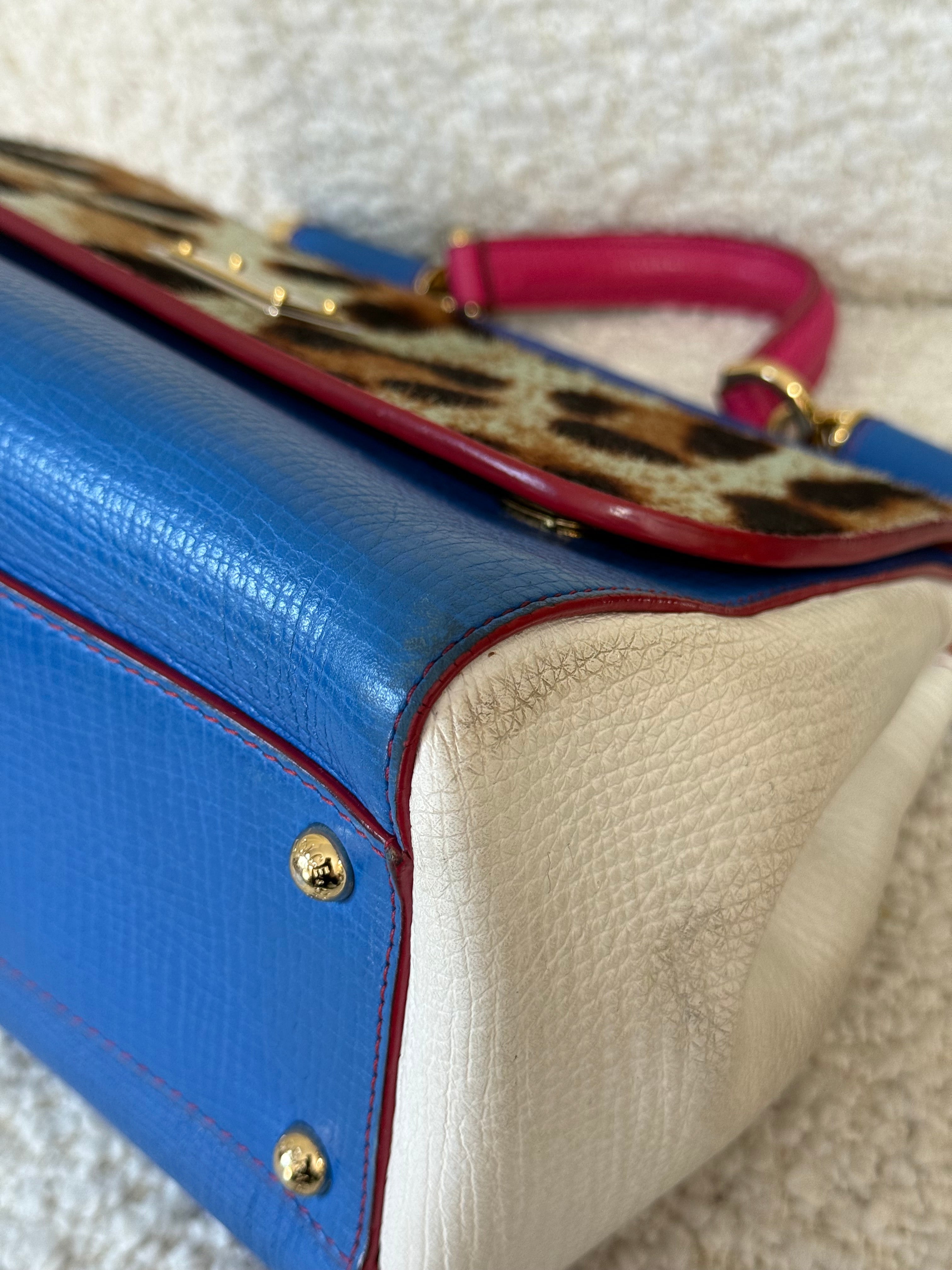 Dolce Gabbana Medium Miss Sicily Leopard Calf Hair Blue Leather Top Handle