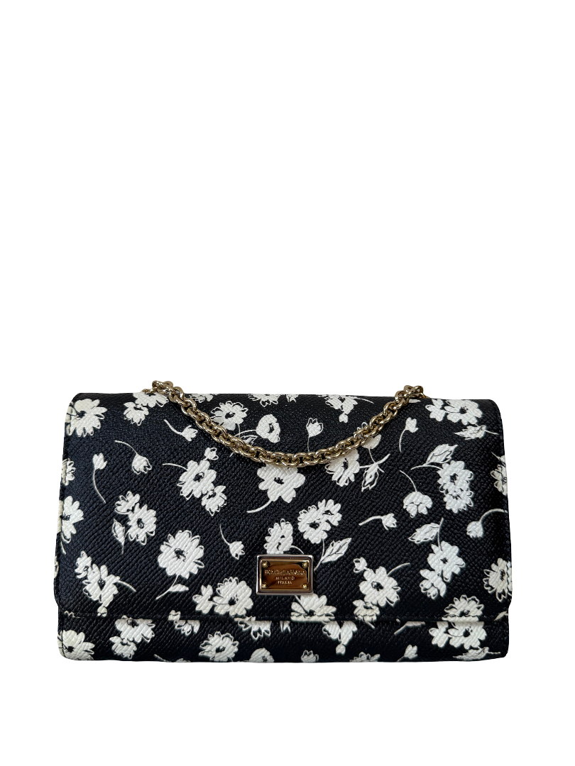 Dolce Gabbana Black/White Leather Floral Print Wallet on Chain